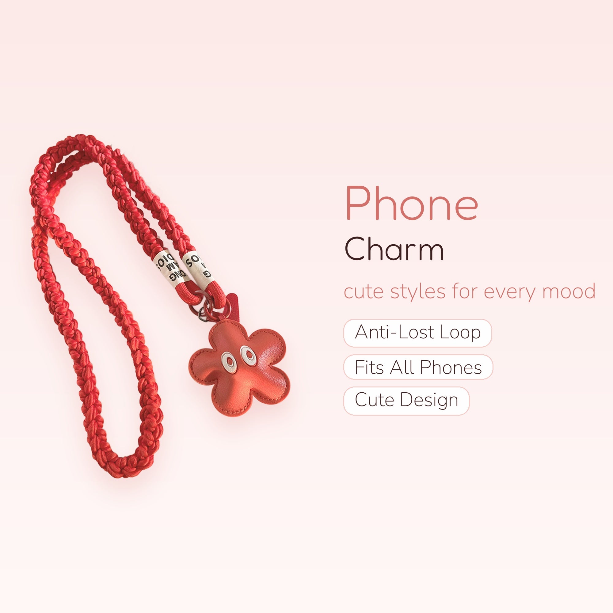Red Braided Lanyard Phone Charm | Cute Flower Eyeball Keychain Strap