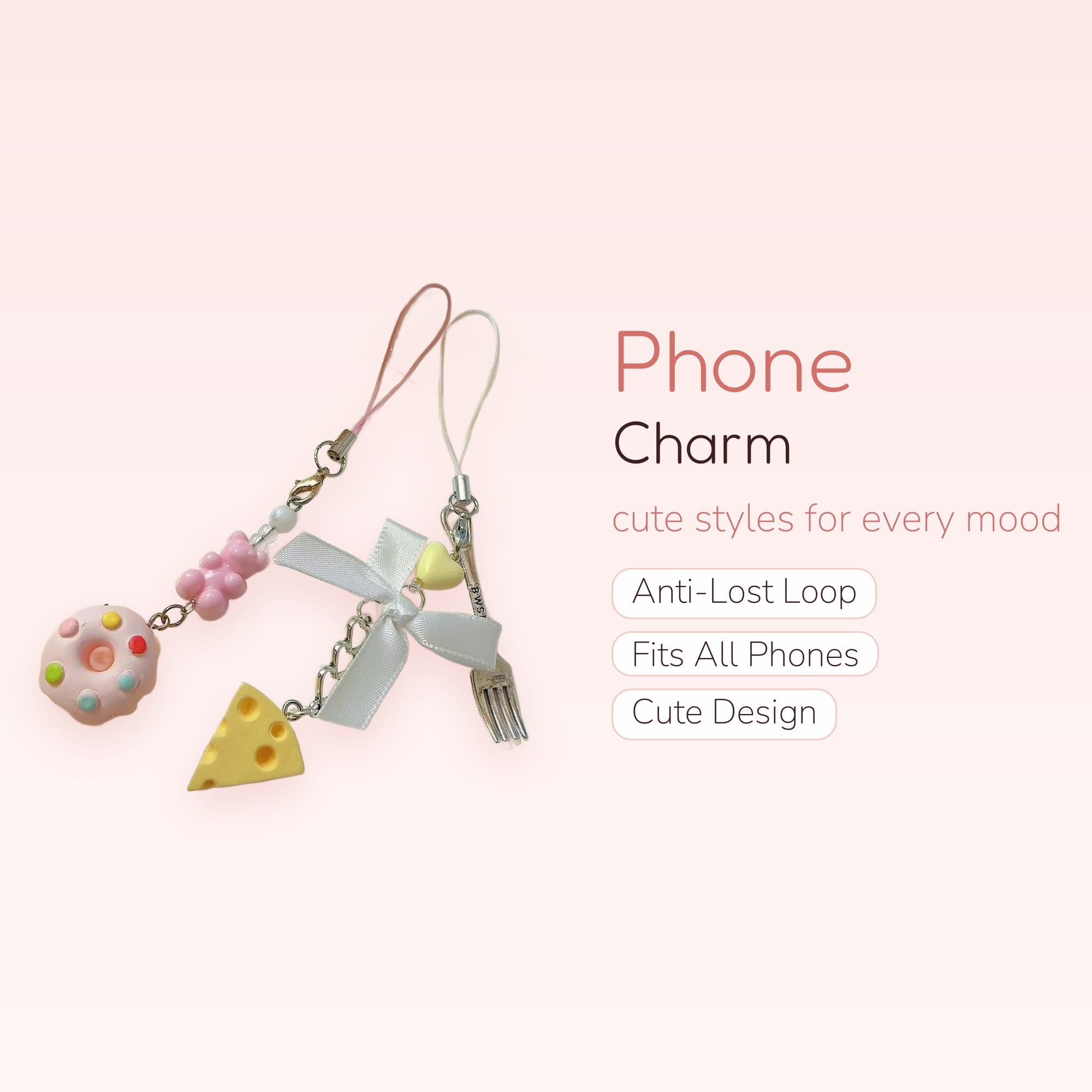Kawaii Pink Gummy Bear & Donut Phone Charm | Cute Cheese & Fork Wrist Strap