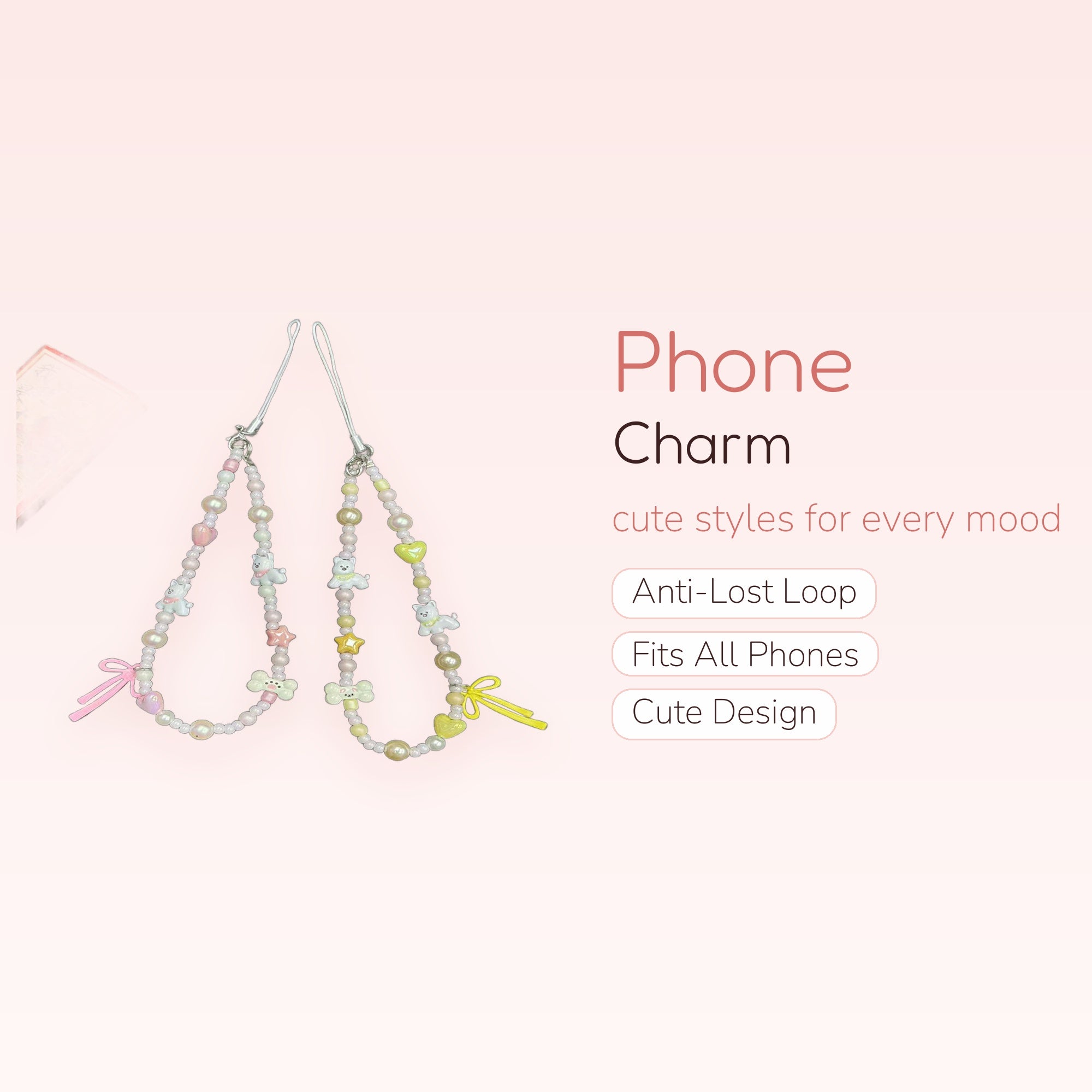 Kawaii Pearl & Puppy Phone Charm Strap | Pastel Beaded Wrist Lanyard with Dog Bones