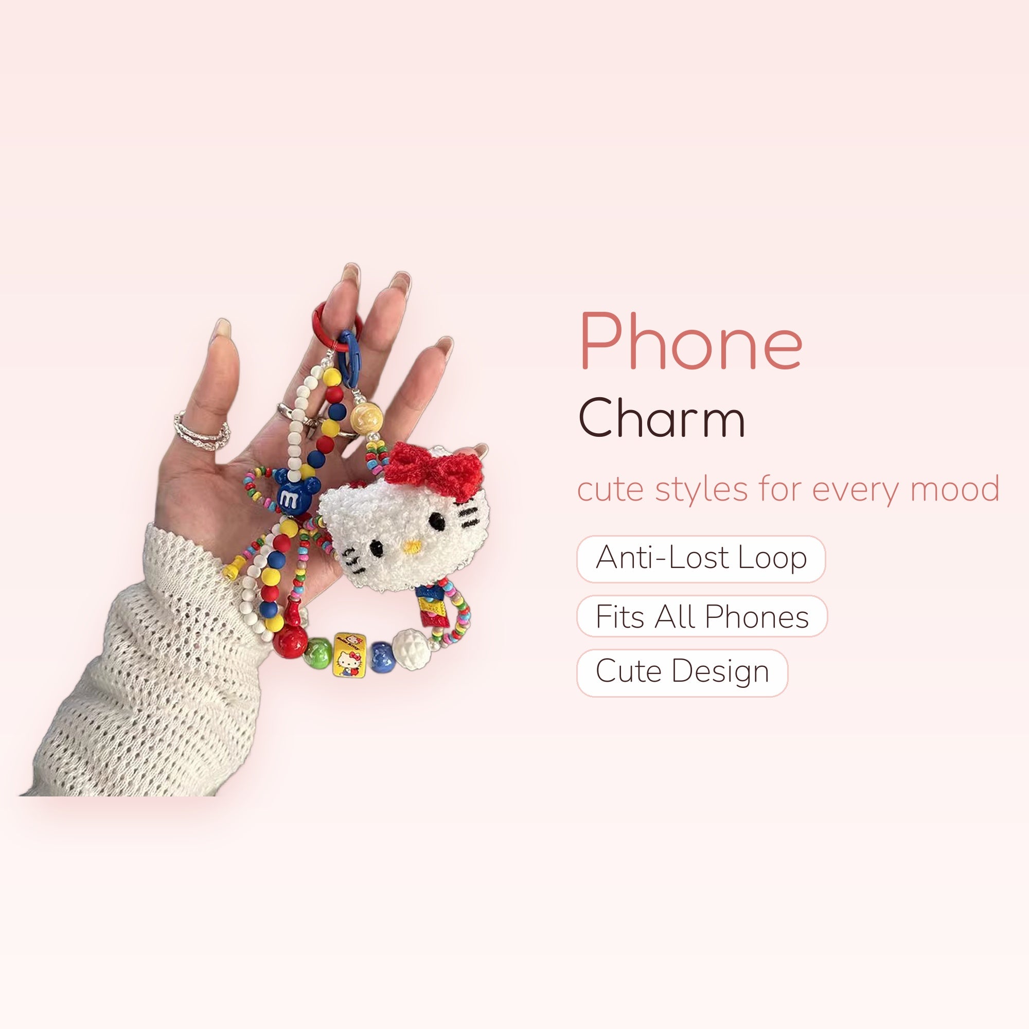 Kawaii Hello Kitty & M&M Beaded Phone Charm | Colorful Y2K Wrist Strap