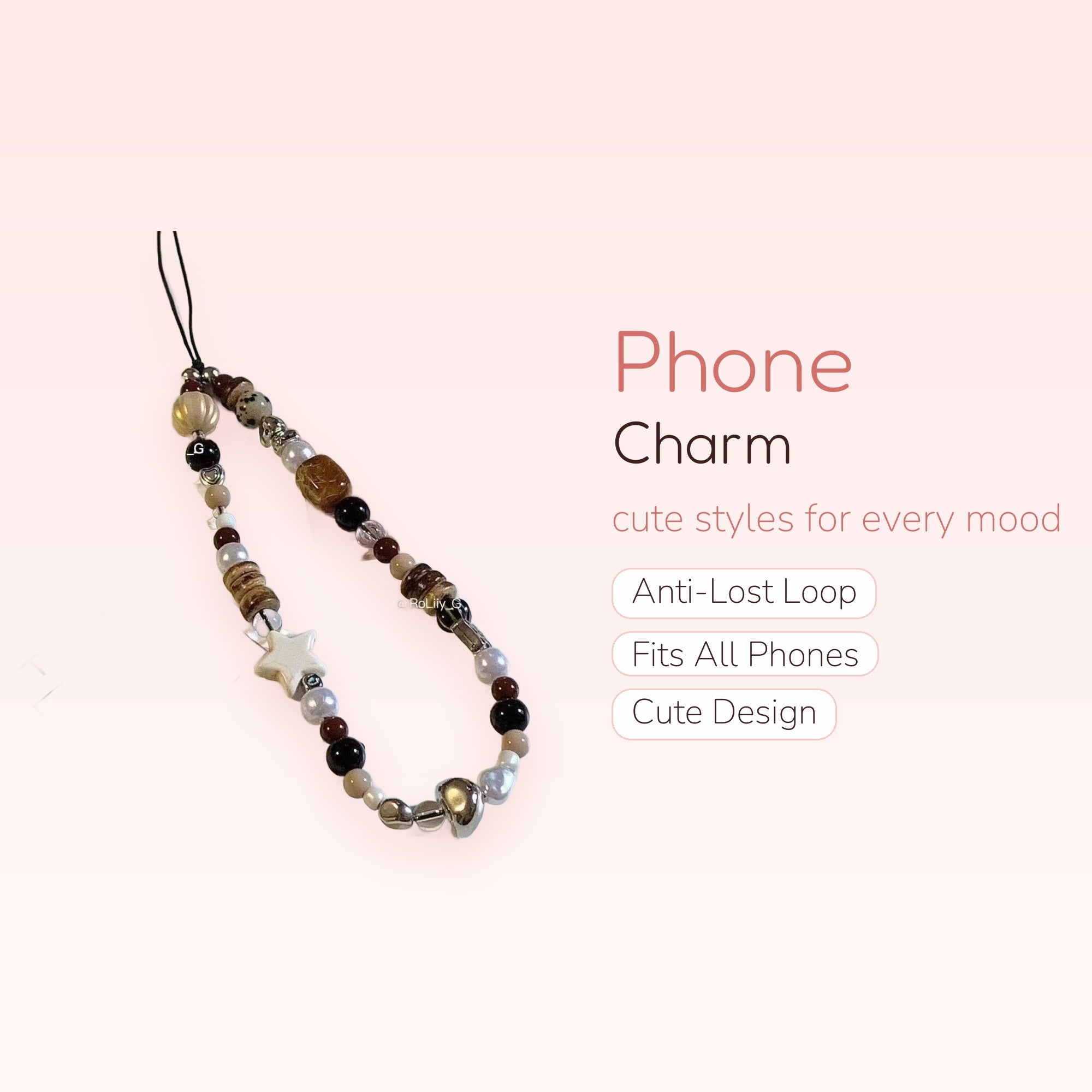 Aesthetic Neutral Beaded Phone Charm Strap | Earthy Toned Pearl & Star Lanyard
