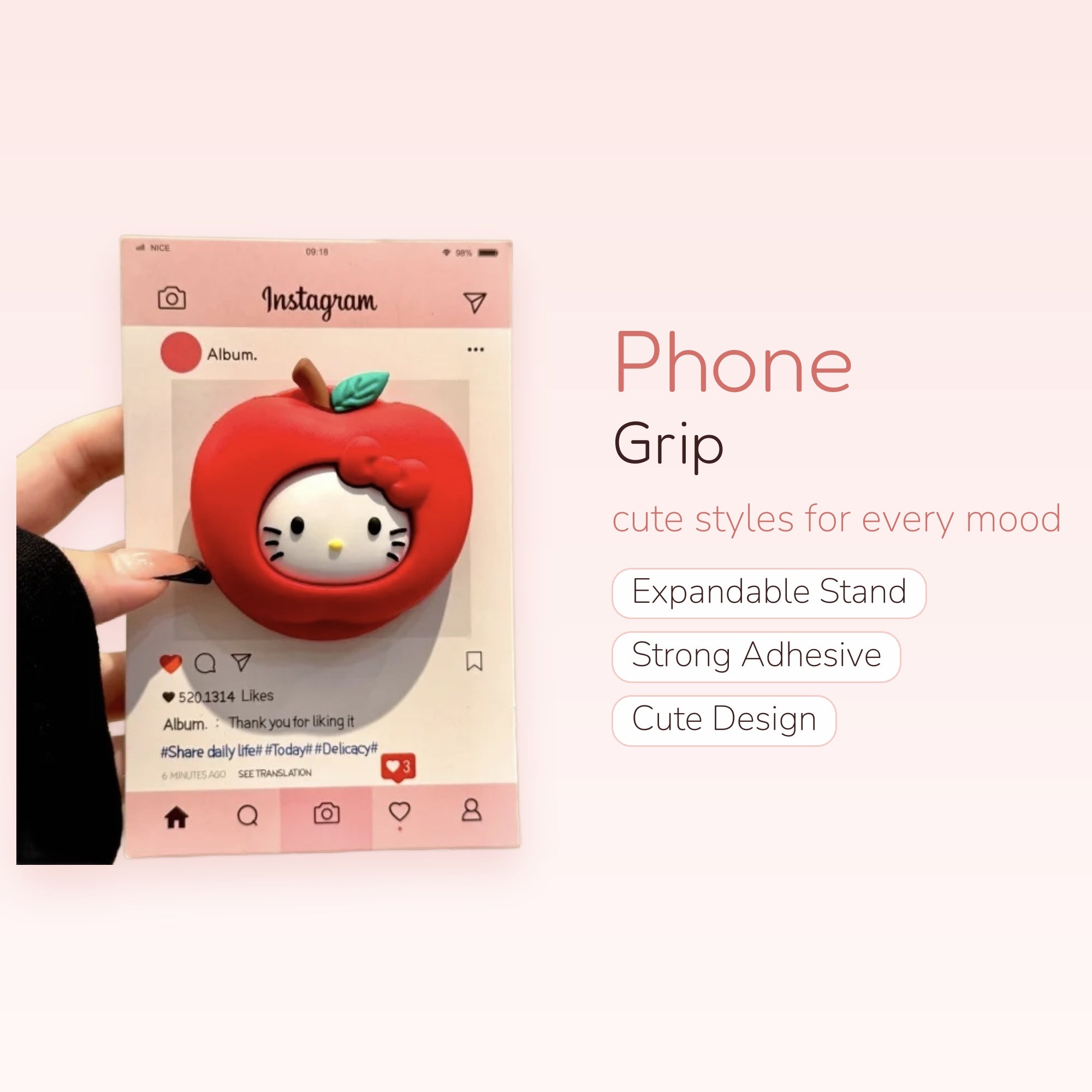 Cute Hello Kitty Apple Phone Grip | Kawaii Red Fruit Pop Socket Stand
