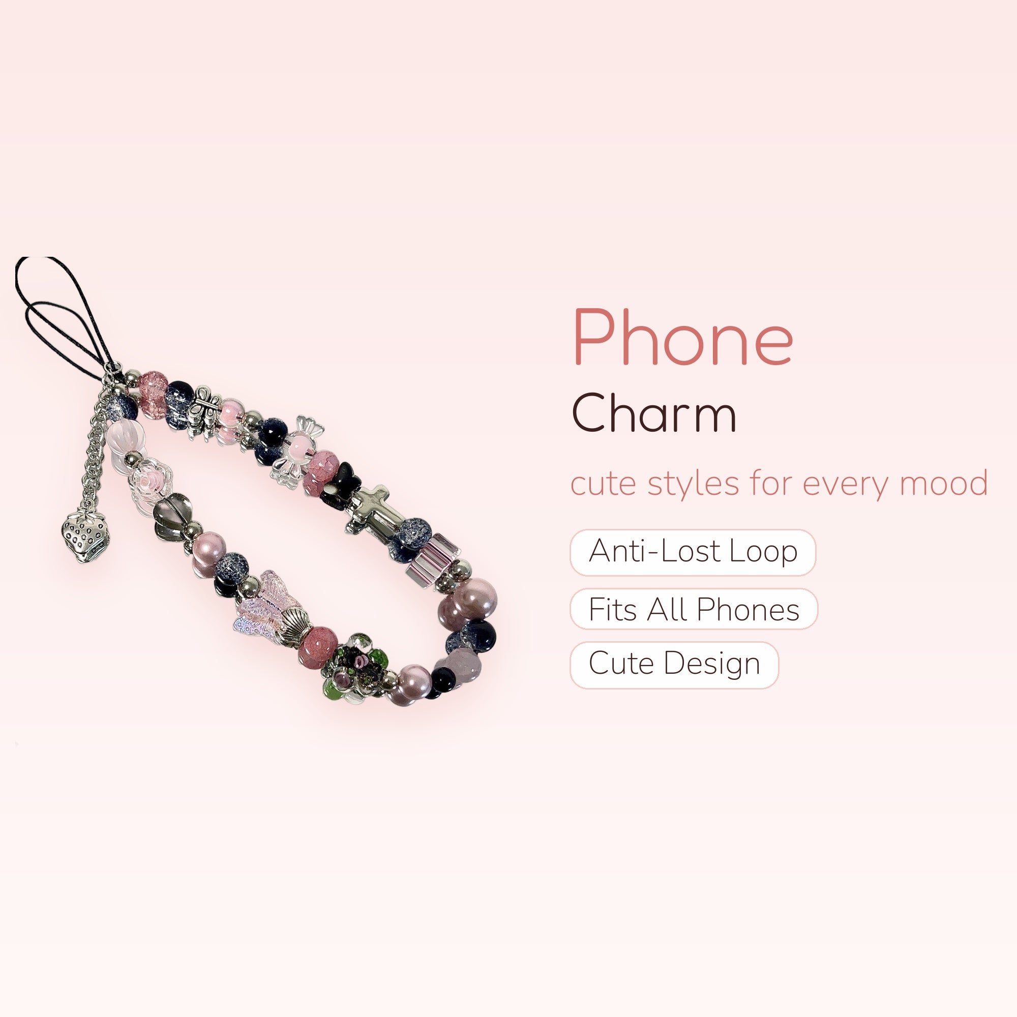 Aesthetic Pink & Black Beaded Phone Charm | Y2K Butterfly & Cross Wrist Strap