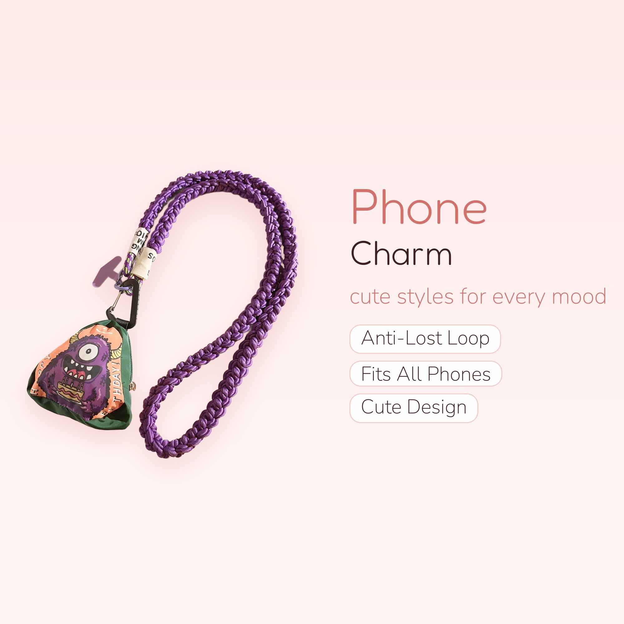 Purple Braided Lanyard Phone Charm with Monster Pouch | Cute Kawaii Neck Strap