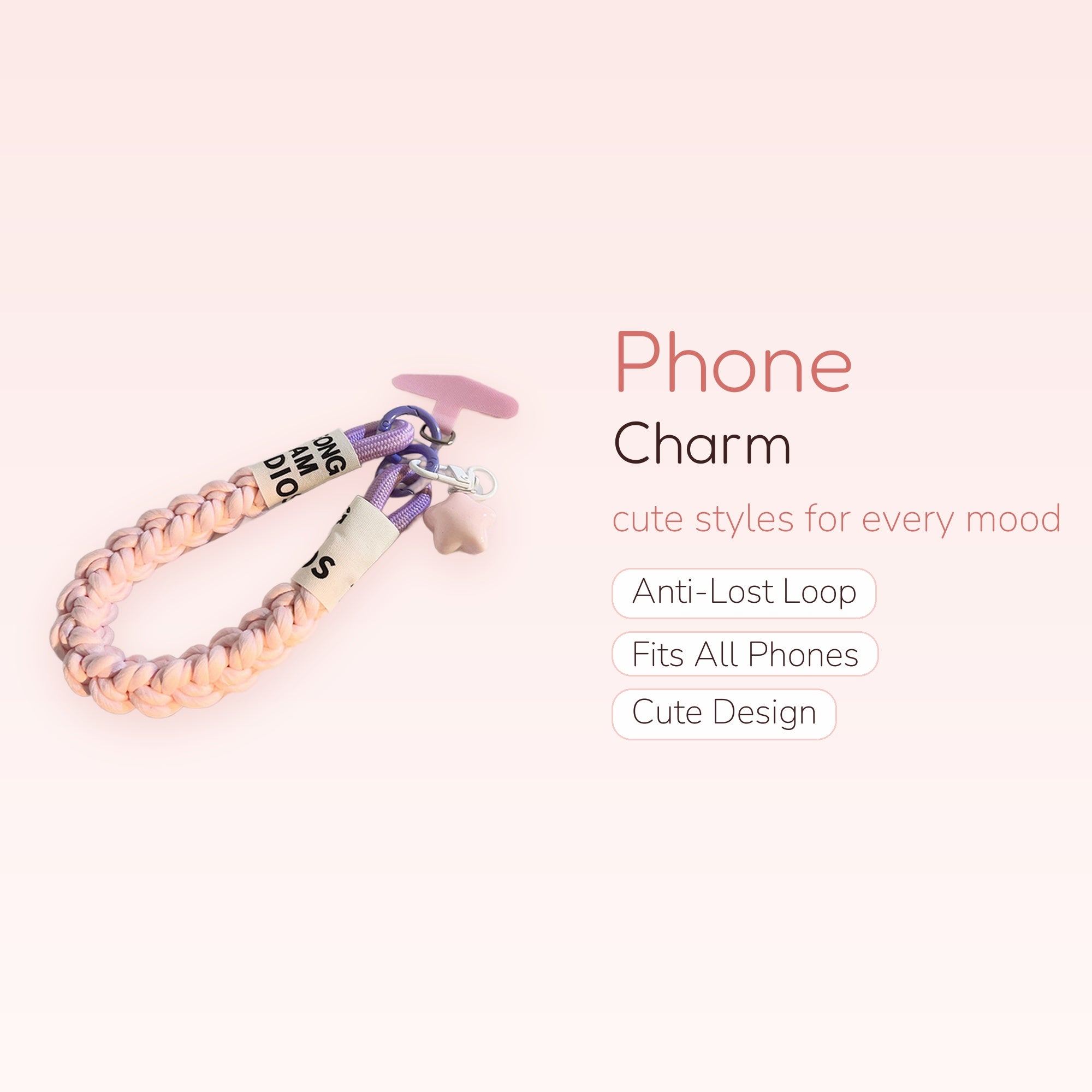 Cute Braided Rope Phone Charm | Pastel Pink & Purple Wrist Lanyard with Star Charm