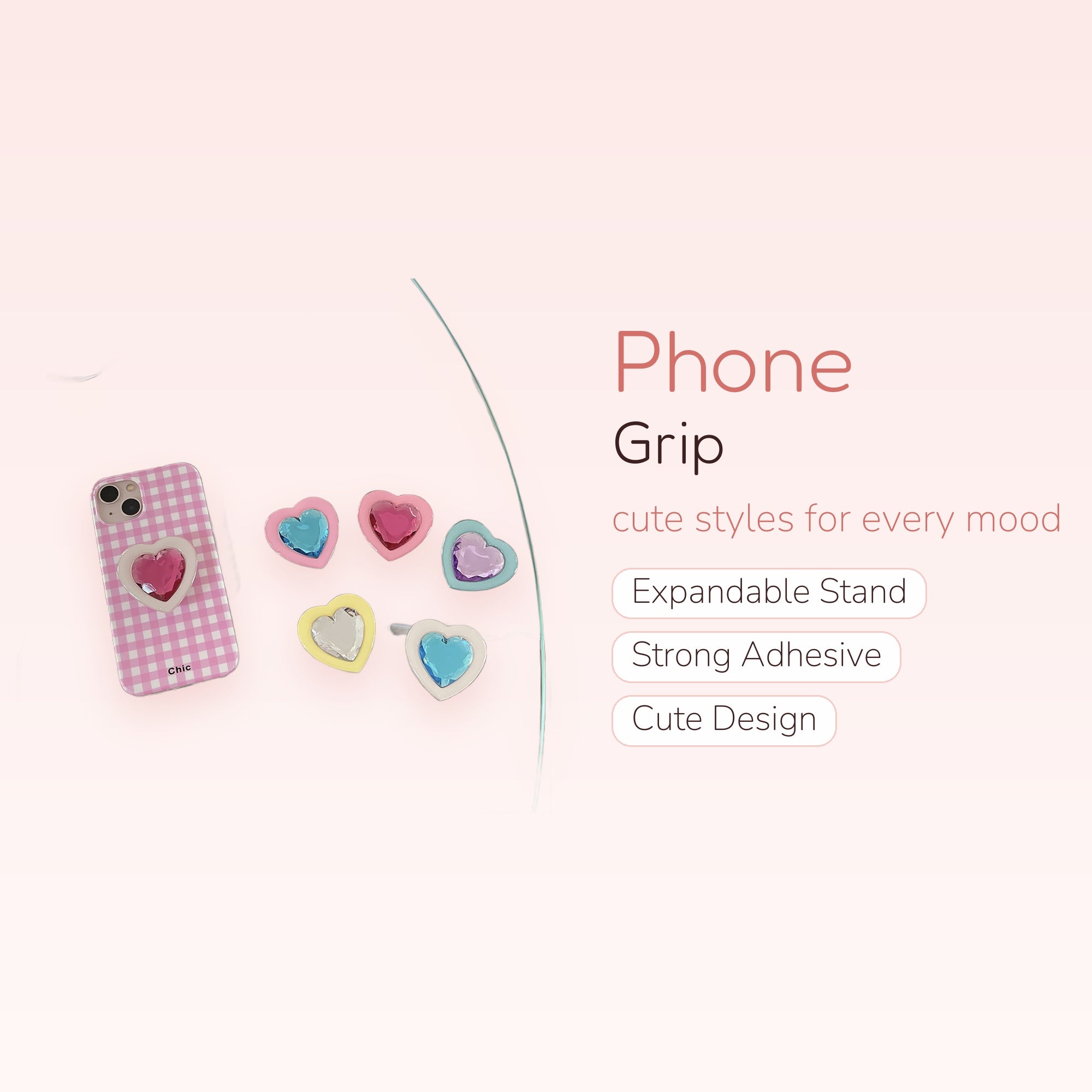 Pink Gingham Heart Phone Grip | Cute Y2K Pop Socket Stand