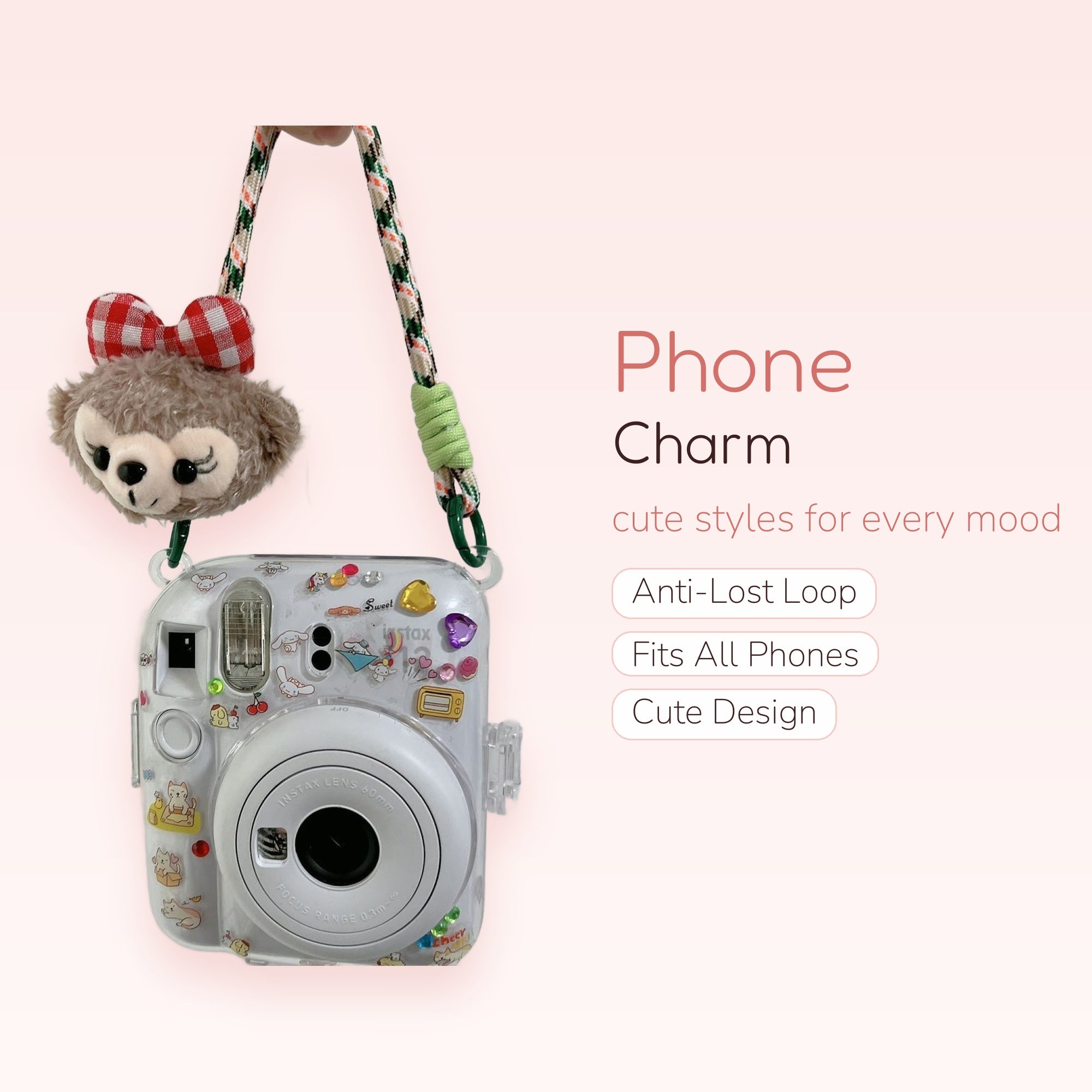 Kawaii Brown Bear Plushie Phone Charm | Red Gingham Bow Wrist Strap