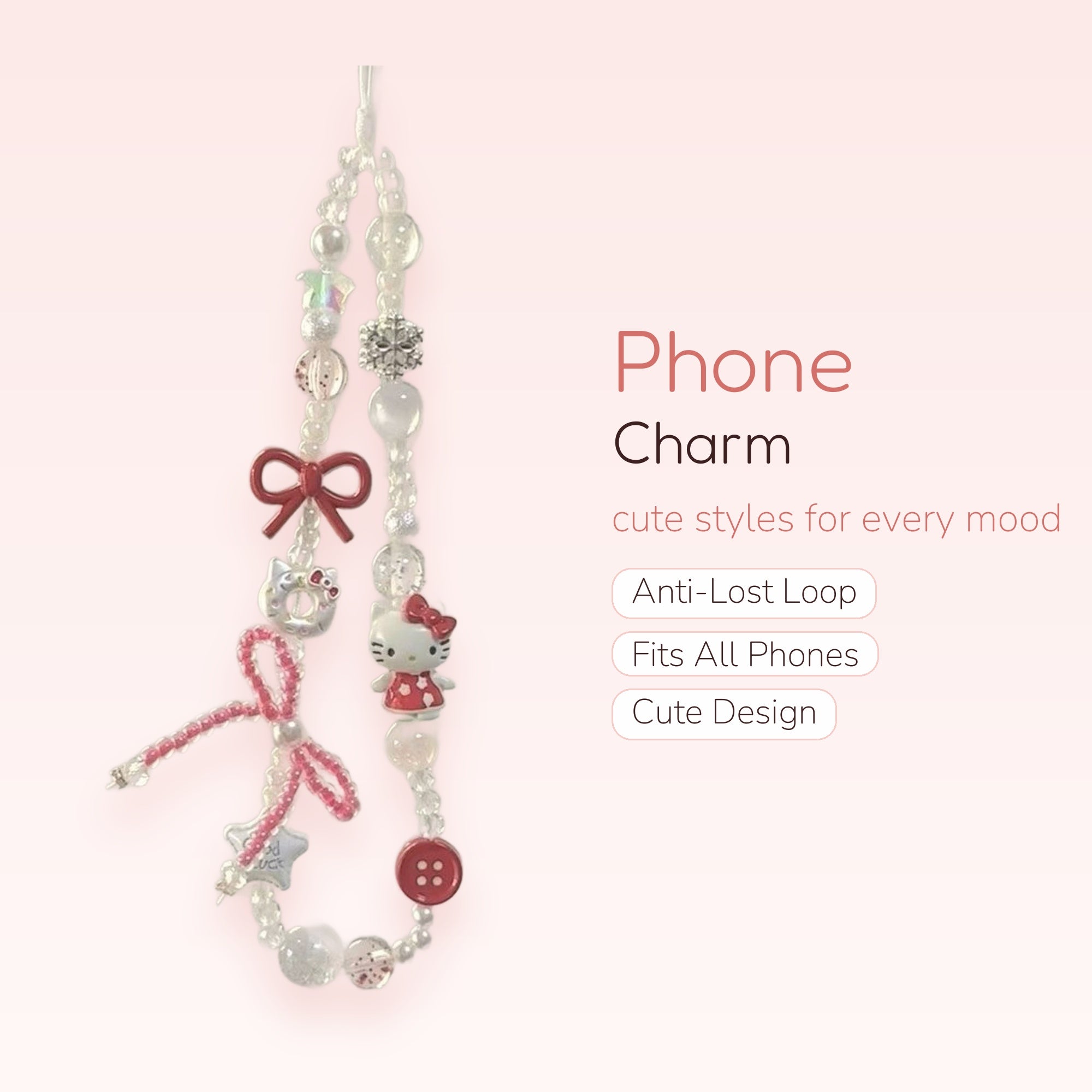 Kawaii Hello Kitty & Red Bow Phone Charm | Aesthetic Beaded Wrist Strap