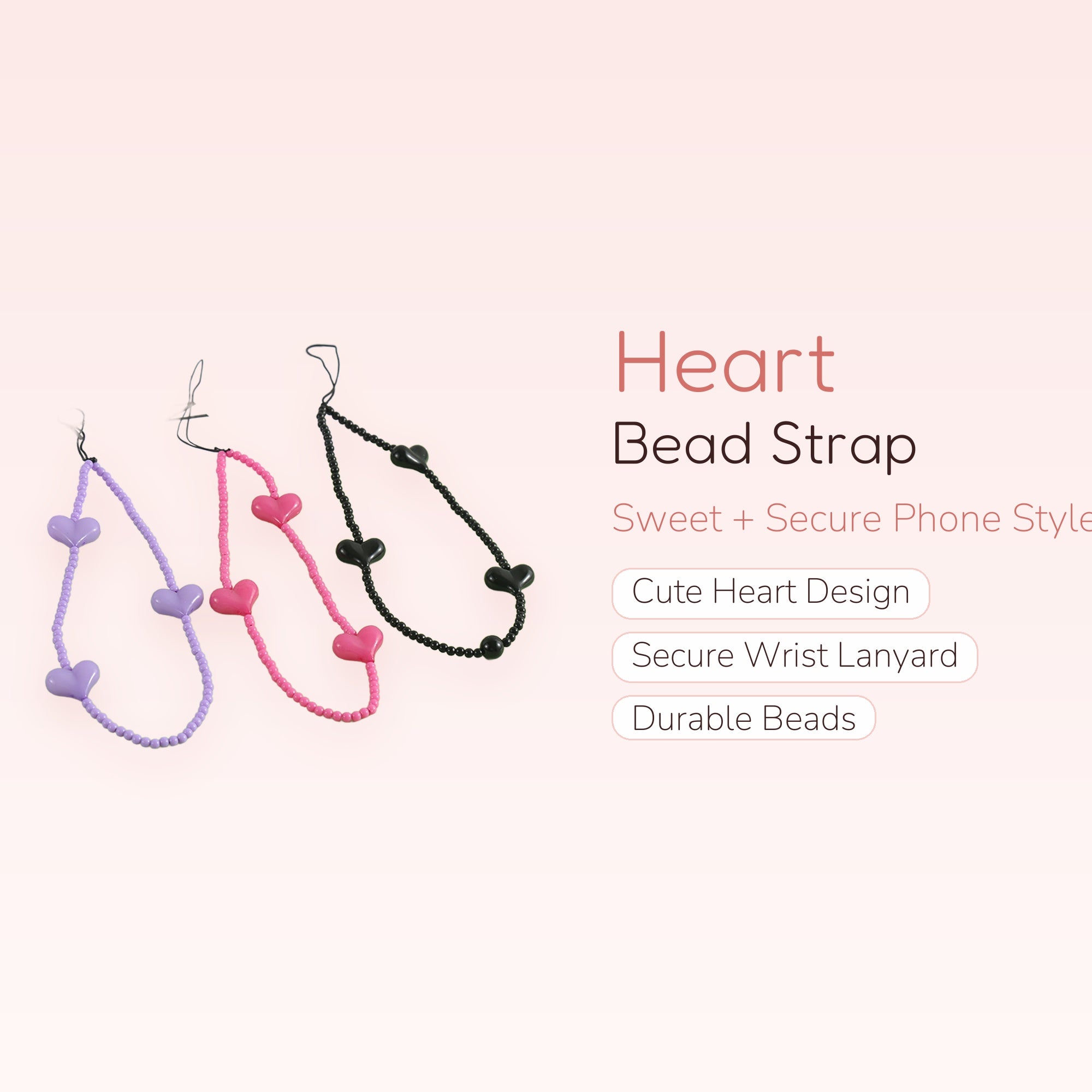 Cute Heart Bead Phone Charm Strap | Kawaii Wrist Lanyard
