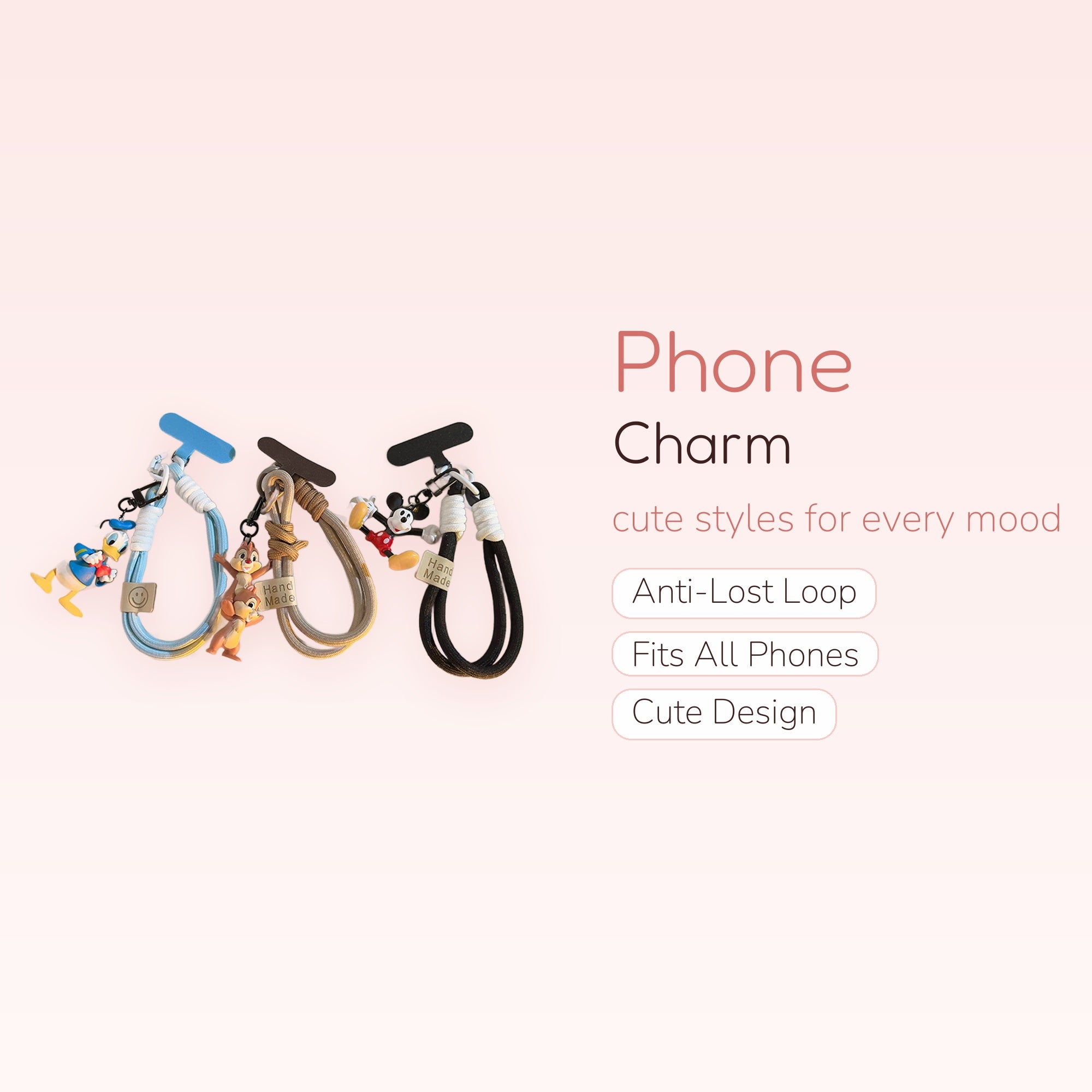 Kawaii Disney Character Phone Charm Strap | Braided Rope Wrist Lanyard with T-Bar