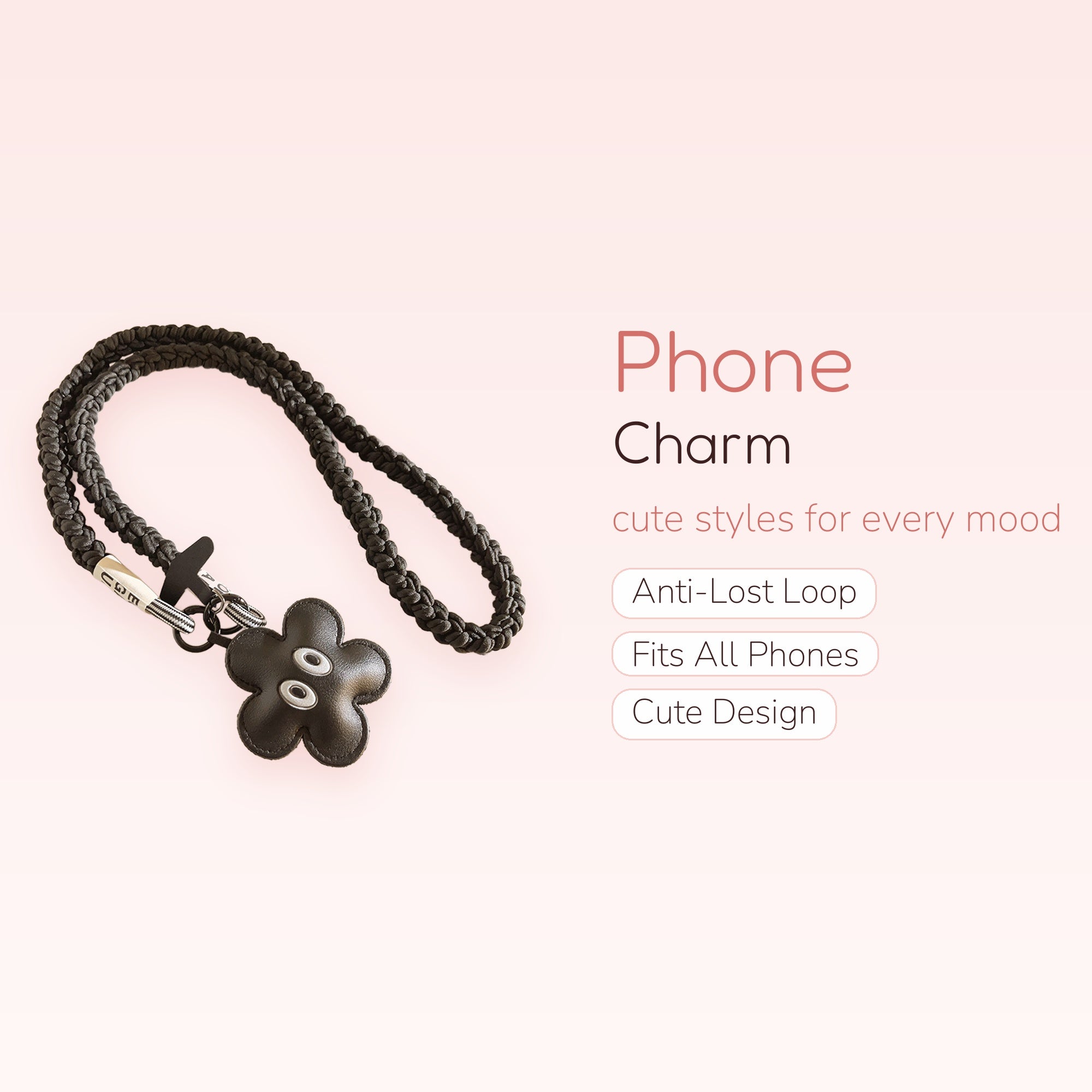 Black Braided Lanyard Phone Charm | Cute Flower Pendant Strap