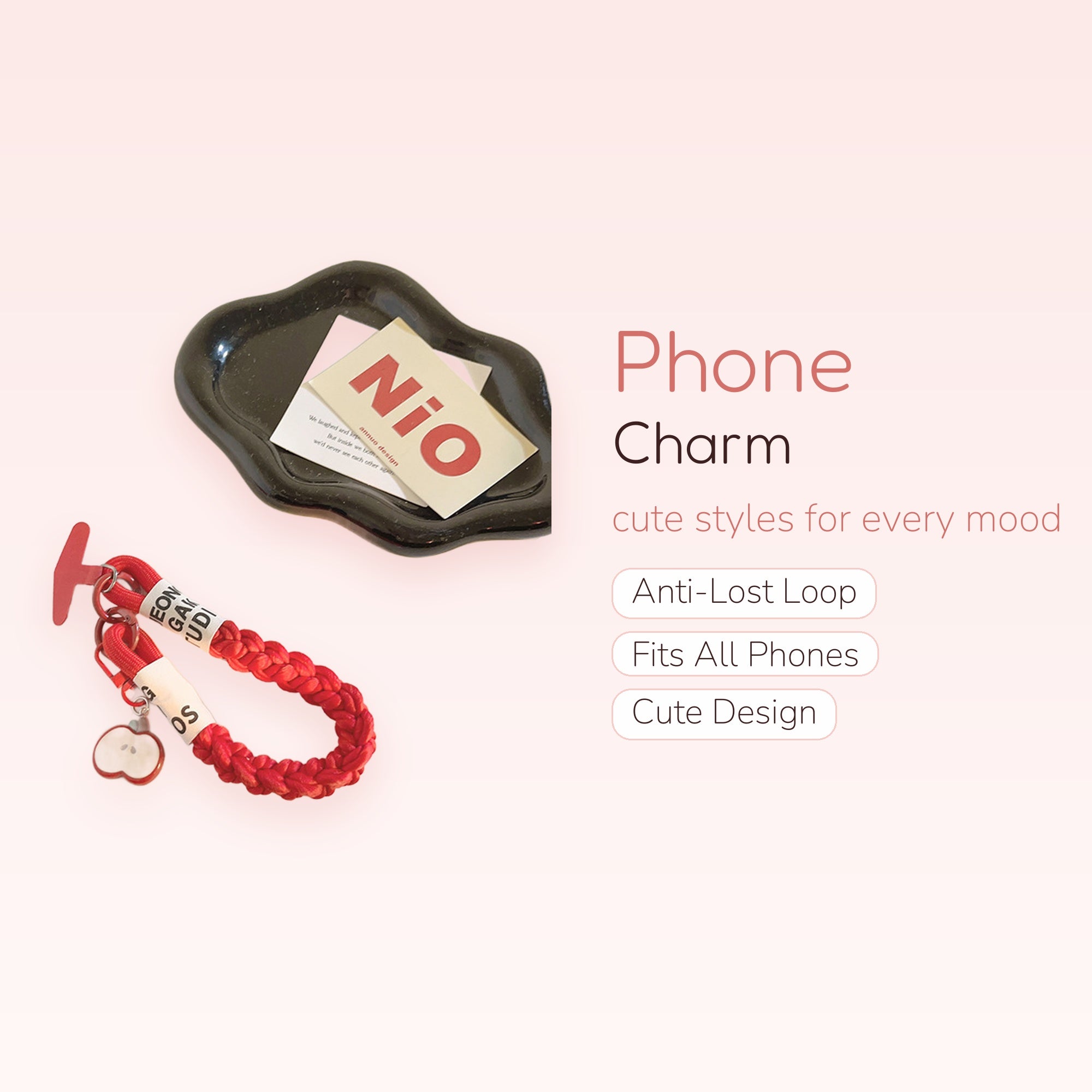 Red Braided Rope Phone Charm | Cute Apple Pendant Wrist Lanyard