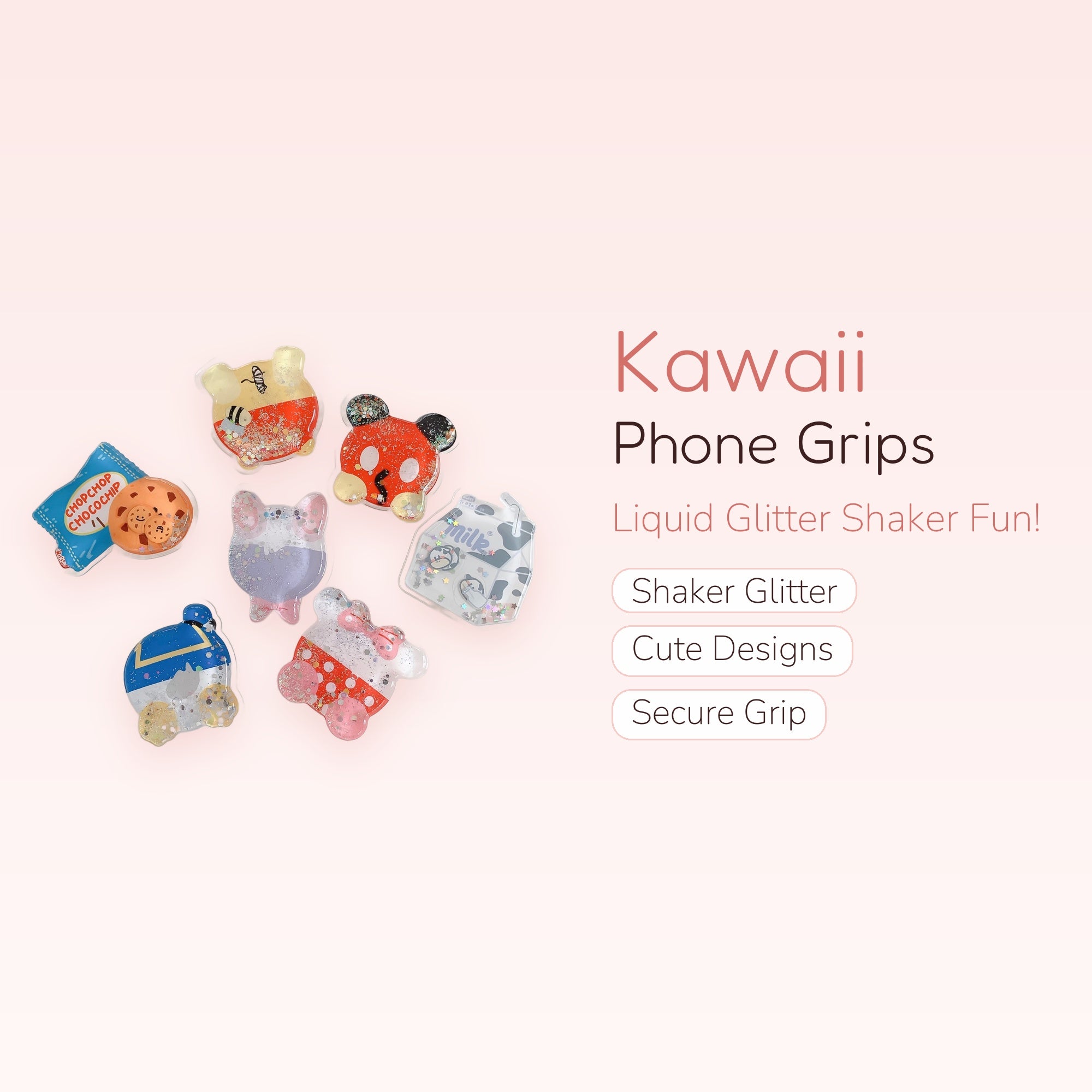 Kawaii Liquid Glitter Phone Grips | Cute Shaker Pop Socket Stand