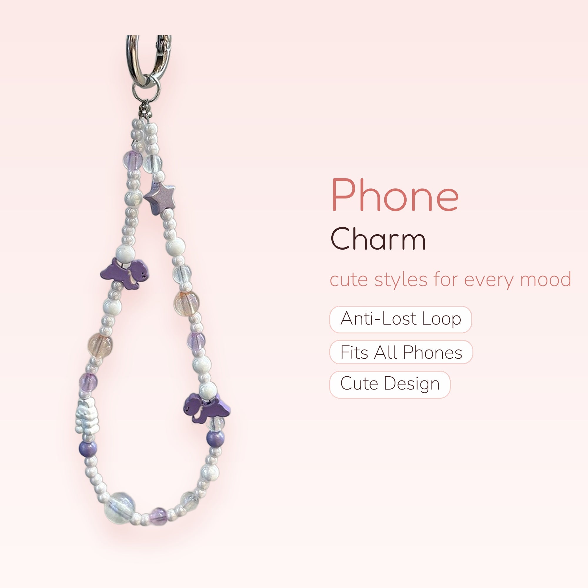 Kawaii Pastel Beaded Phone Charm Strap | Purple Dinosaur & Star Wrist Lanyard