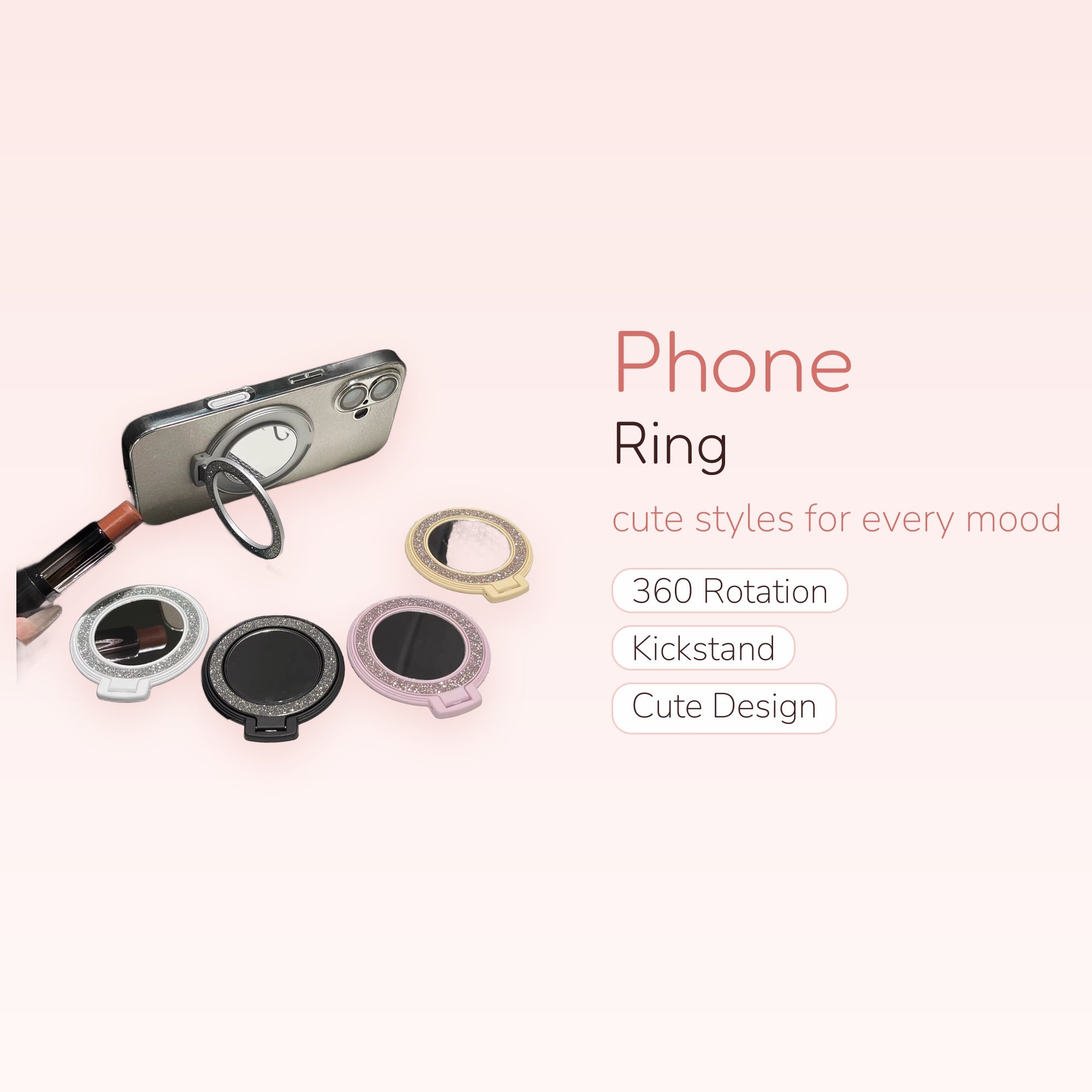 Sparkly Mirror Phone Ring | Cute Glitter Finger Holder Kickstand