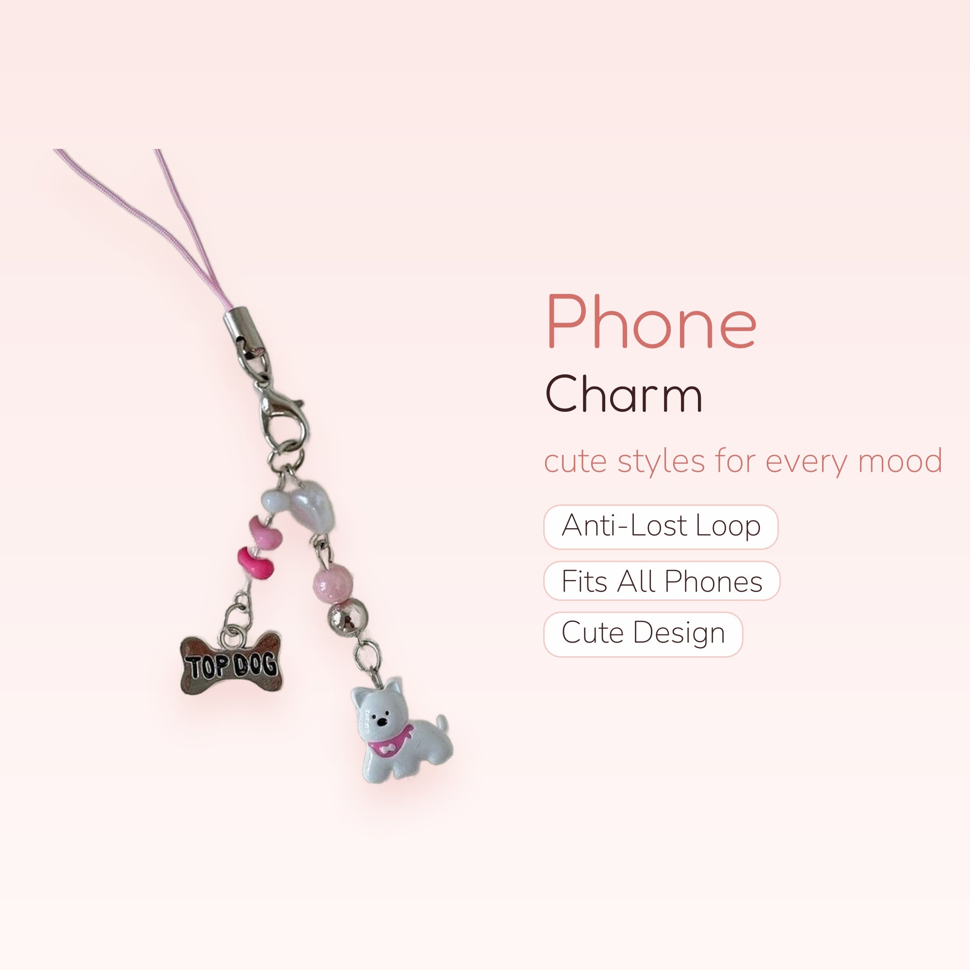 Cute White Dog & Bone Phone Charm | Pink Beaded Strap with 'TOP DOG' Pendant