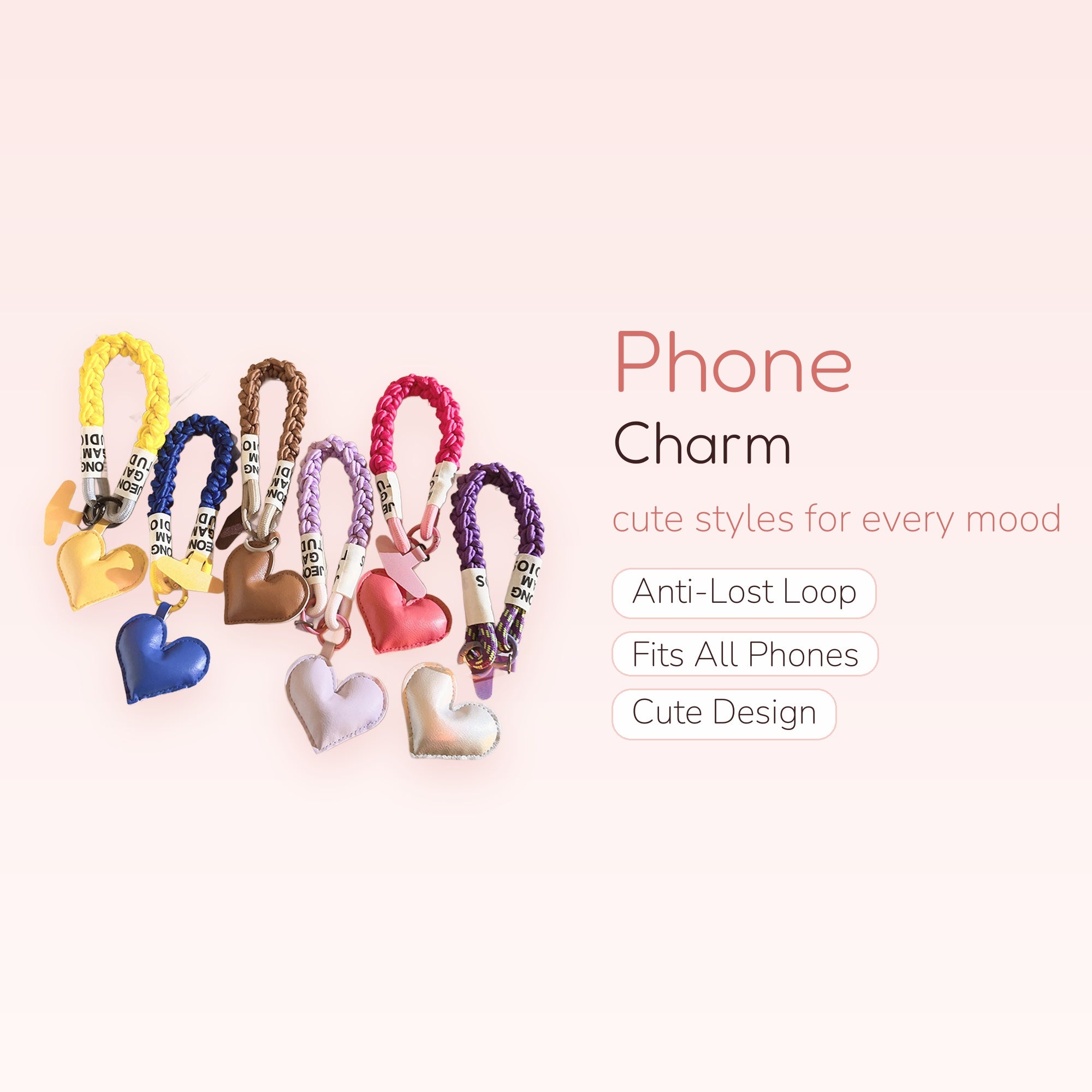 Braided Rope Heart Phone Charm Strap | Colorful Wrist Lanyard Keychain