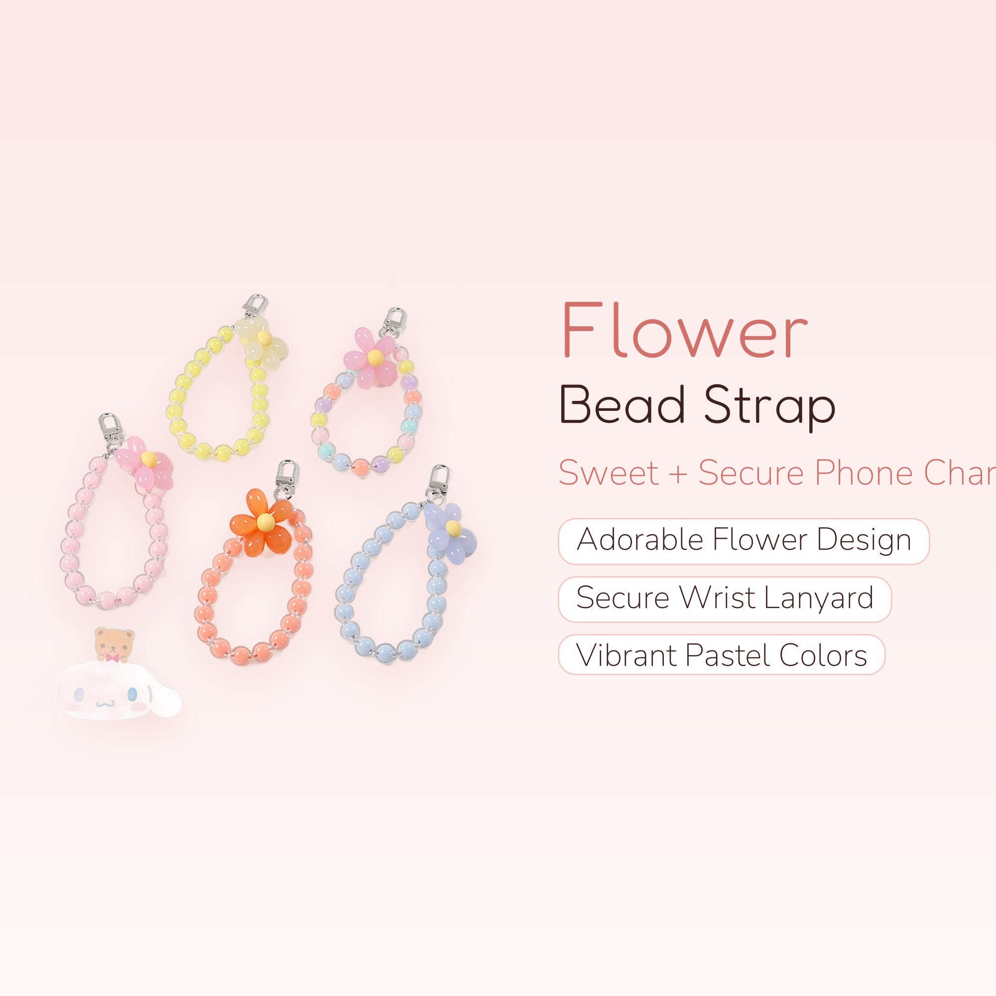 Cute Flower Bead Phone Charm Strap | Pastel Wrist Lanyard Keychain