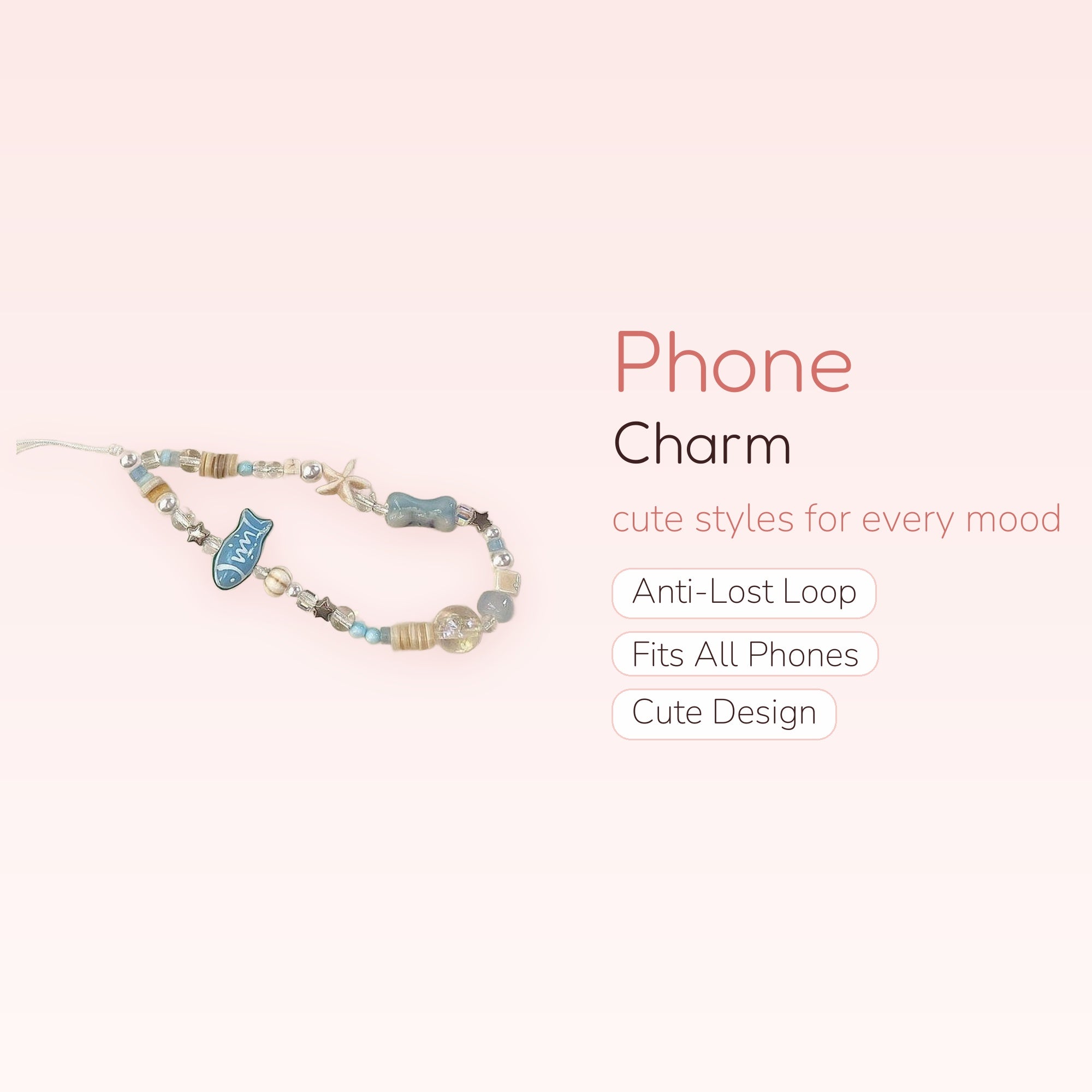 Aesthetic Blue Fish & Starfish Beaded Phone Charm | Pastel Ocean Wrist Strap