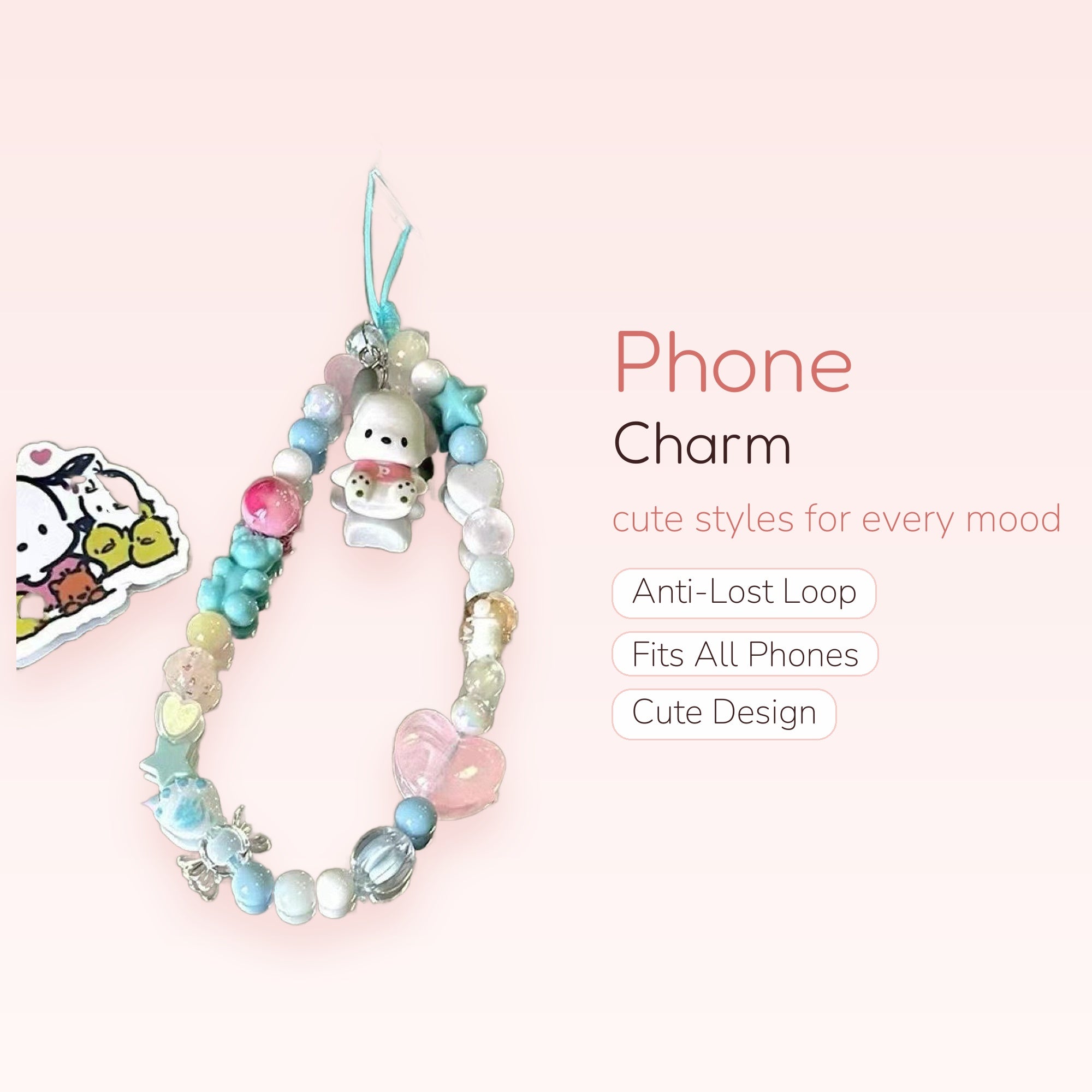Kawaii Pastel Beaded Phone Charm Strap | Cute Pompompurin & Bear Wrist Lanyard