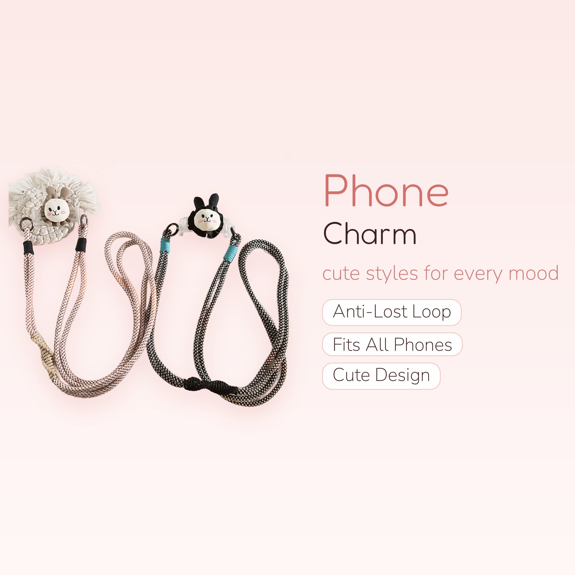 Kawaii Bunny Phone Lanyard Strap | Cute Black & White / Pink & White Crossbody