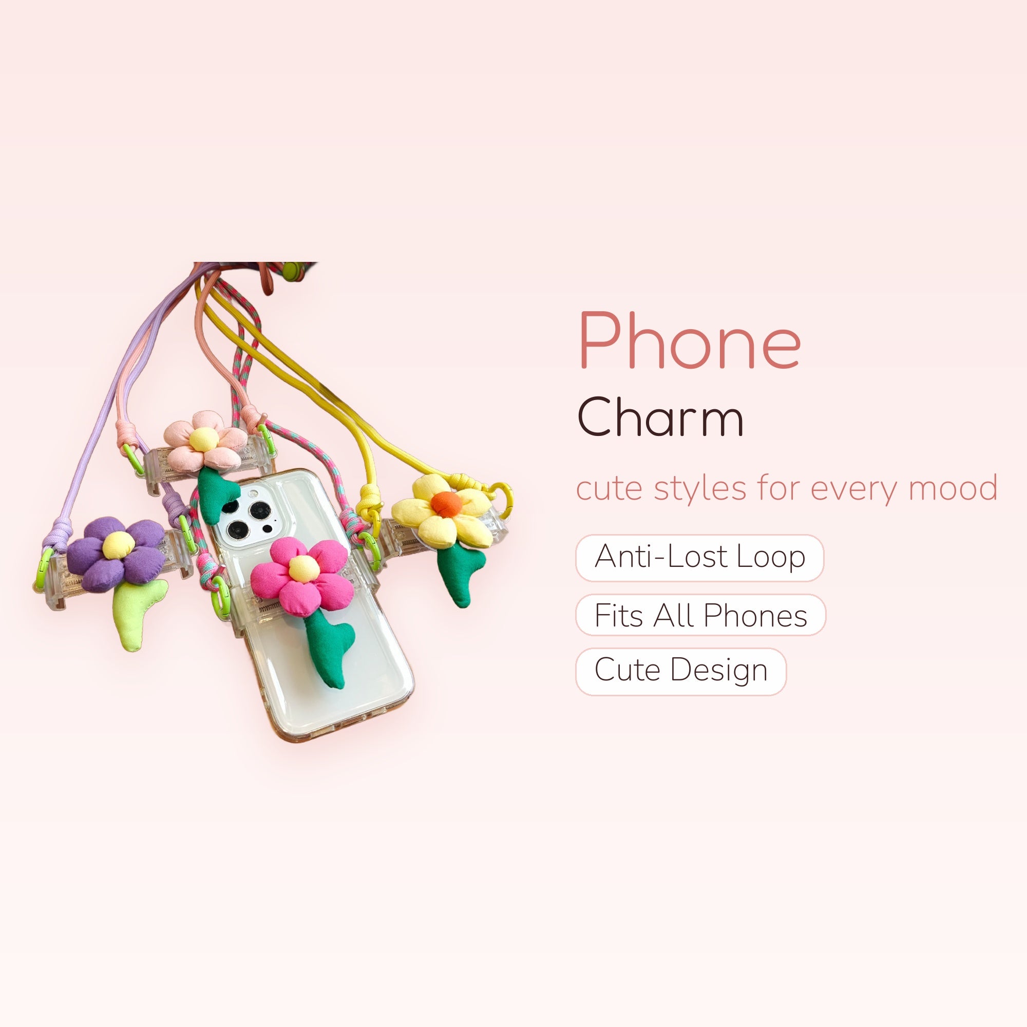 Kawaii Plush Flower Phone Lanyard | Cute Pastel Crossbody Strap for iPhone