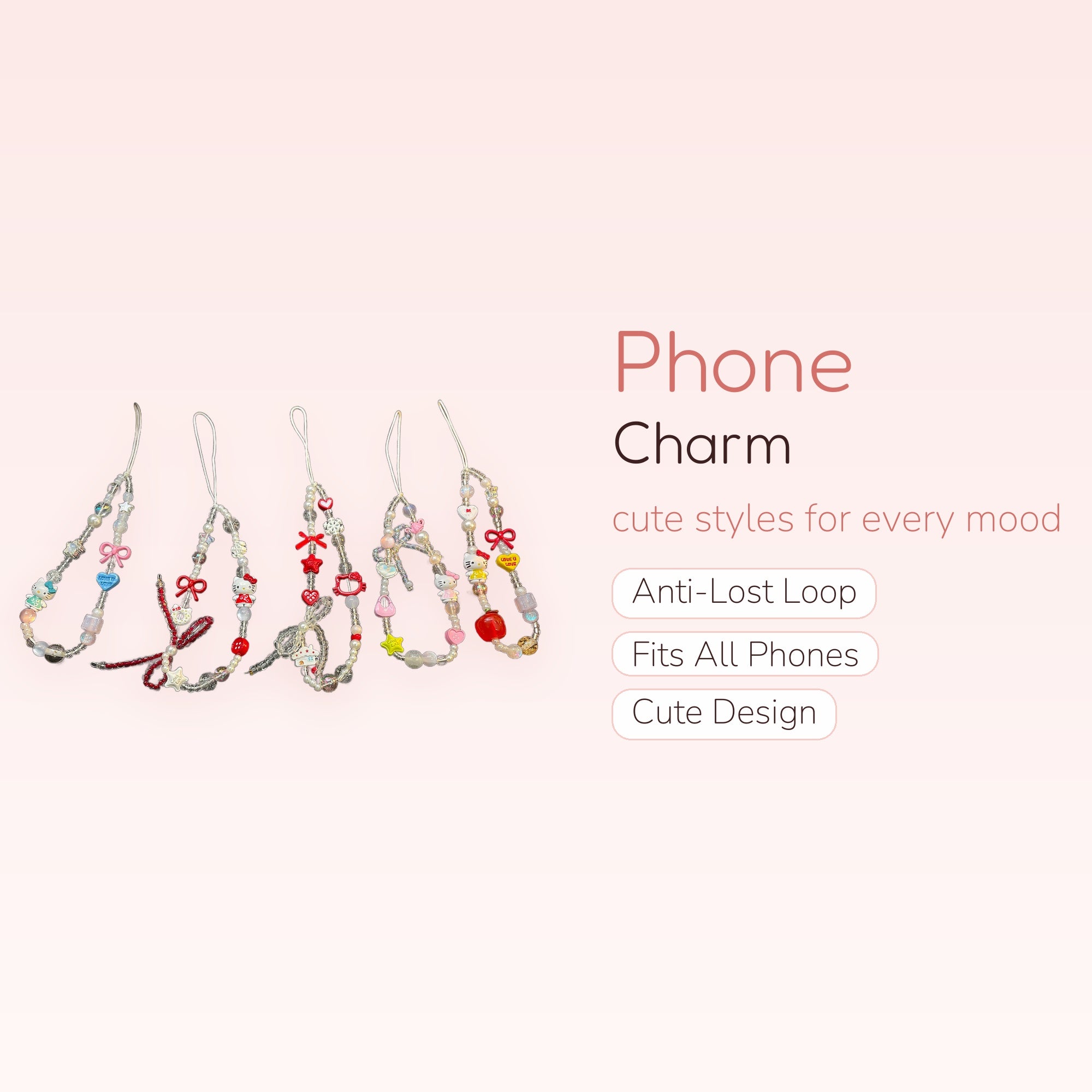 Kawaii Hello Kitty & Pearl Phone Charm Strap | Beaded Wrist Lanyard with Bows & Hearts
