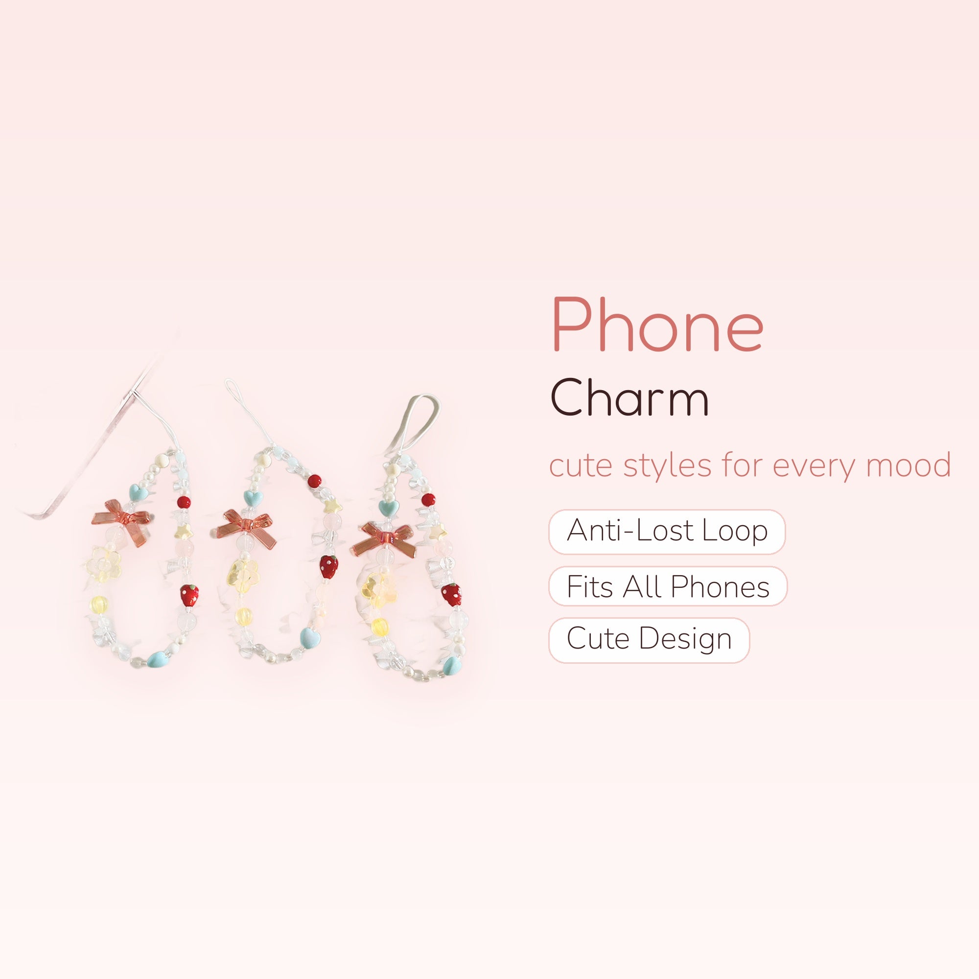 Kawaii Pastel Beaded Phone Charm Strap | Strawberry & Bow Wrist Lanyard
