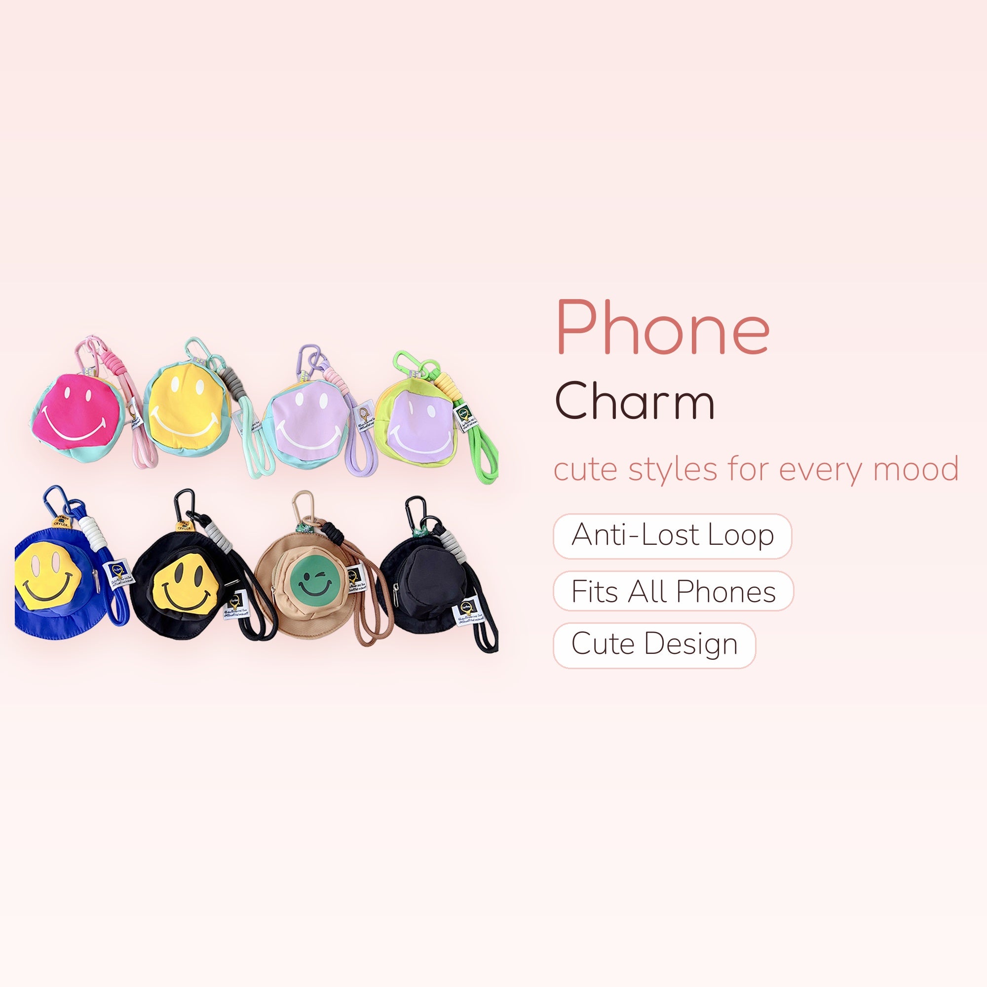 Kawaii Smiley Face Pouch Phone Charm | Colorful Mini Bag Keychain Lanyard