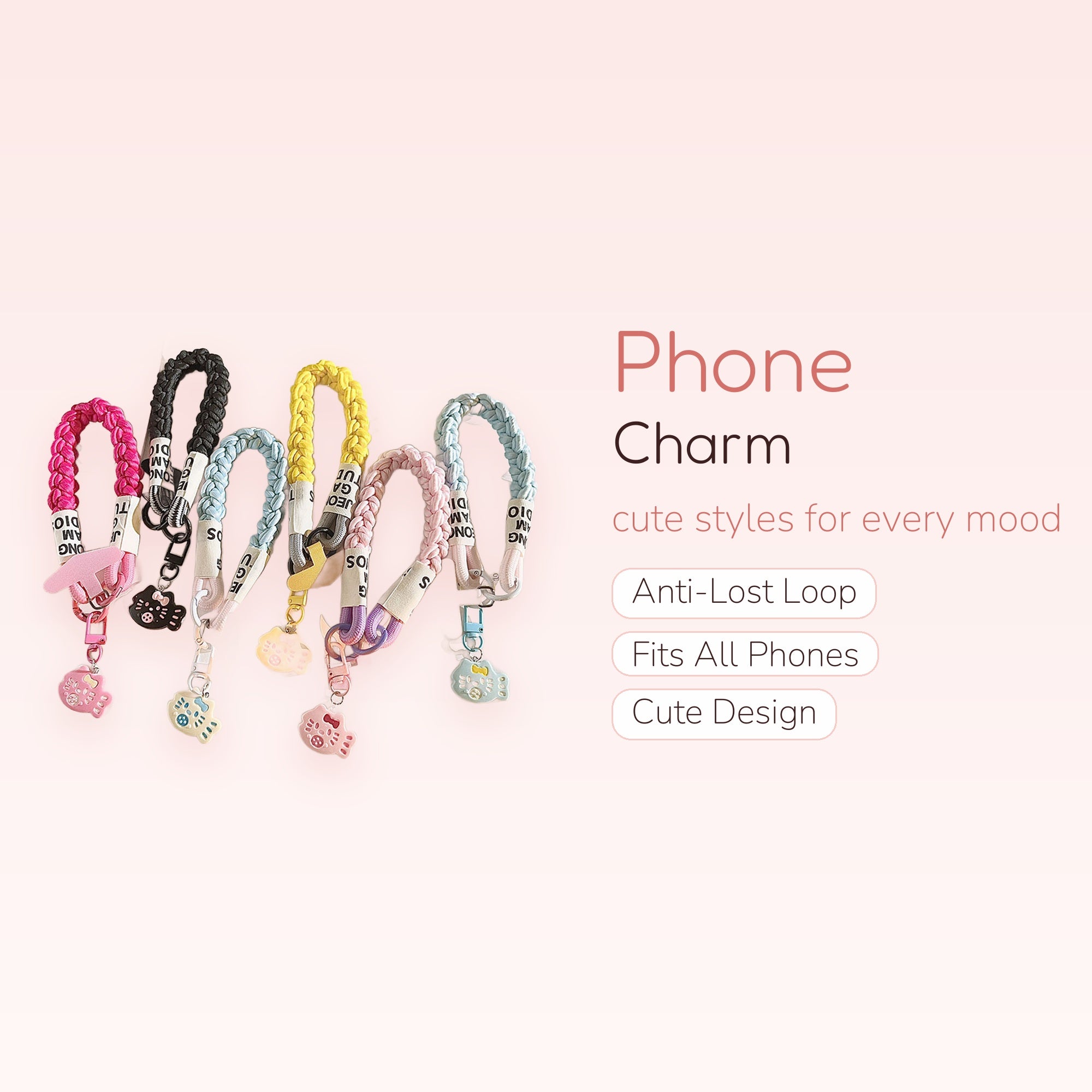 Braided Hello Kitty Phone Charm Strap | Cute Wrist Lanyard with Cartoon Cat