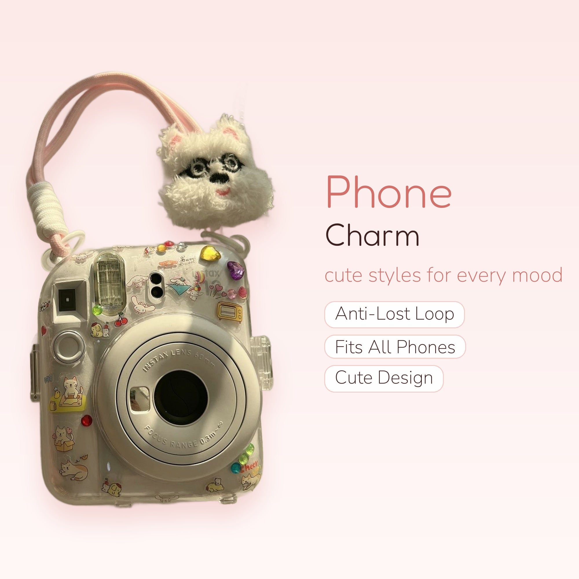 Fluffy White Dog Phone Charm Strap | Kawaii Plush Wrist Lanyard