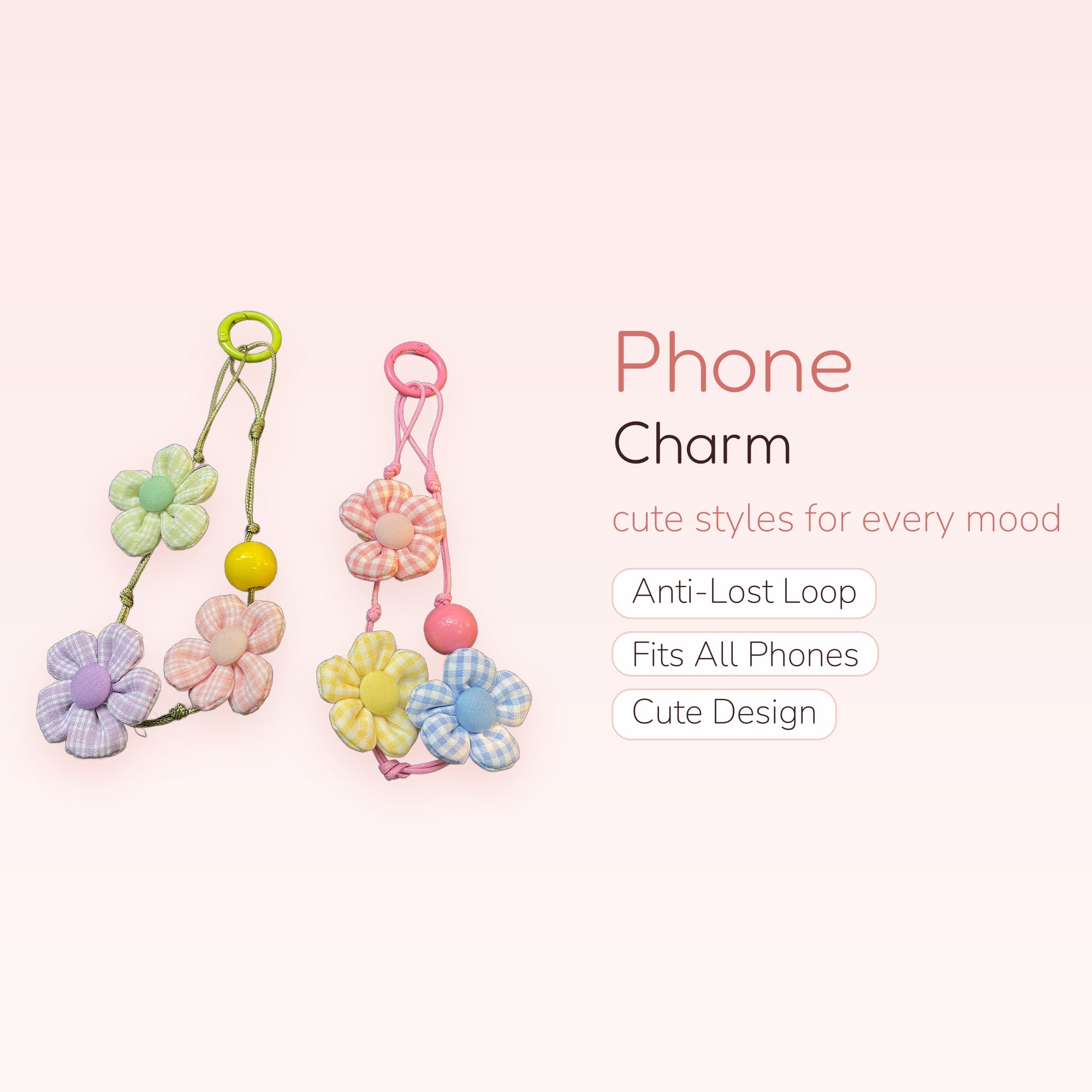 Kawaii Gingham Fabric Flower Phone Charm | Pastel Beaded Wrist Strap