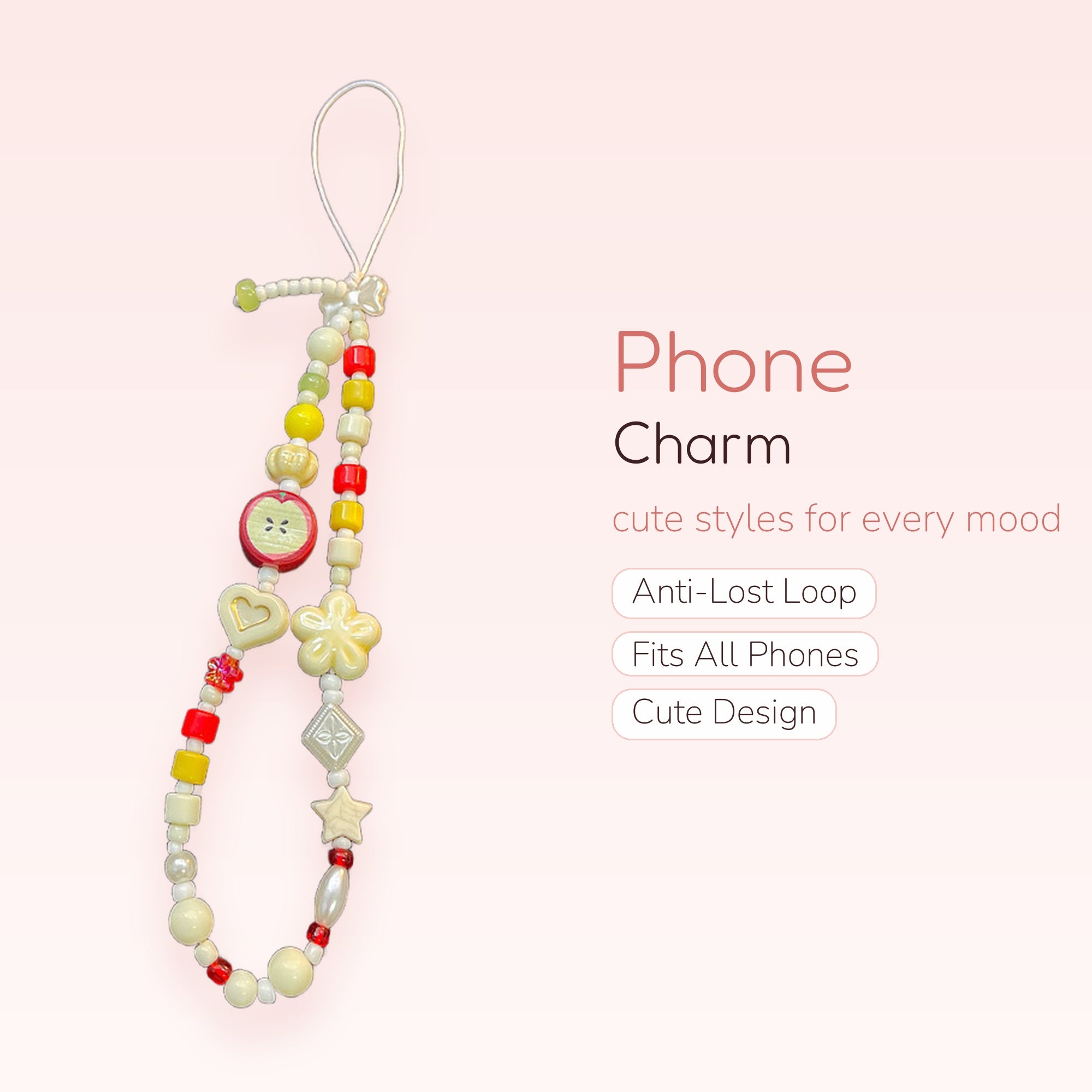 SIMPLYBUBBI — Red Apple & Daisy Beaded Phone Strap | Whimsical Heart Wrist Lanyard