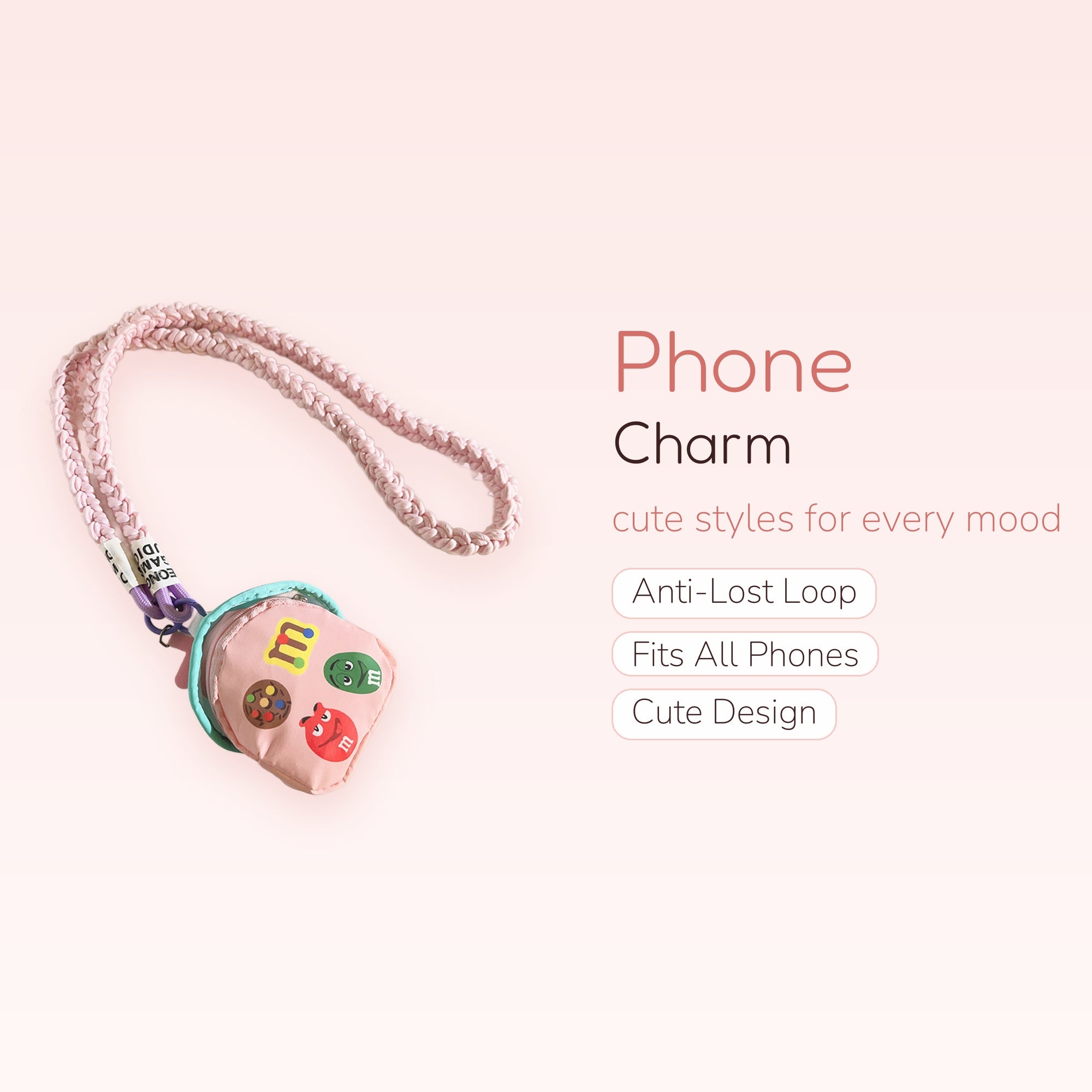 Kawaii M&M's Character Mini Pouch Phone Charm | Pink Braided Lanyard Strap