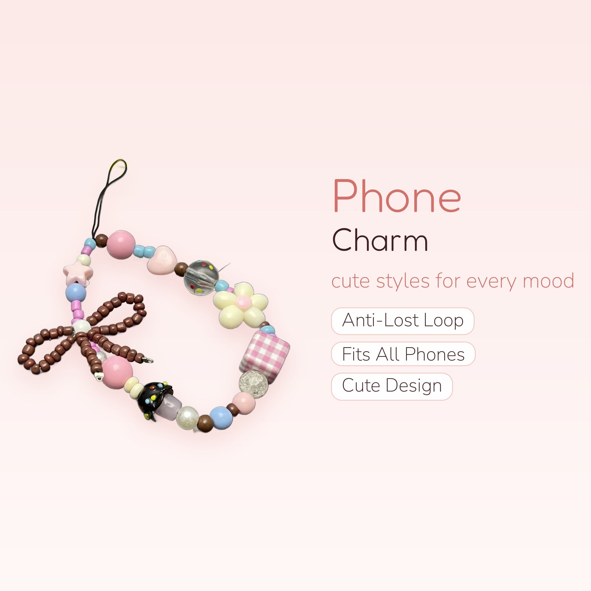 Pastel Beaded Phone Charm Strap | Kawaii Bow & Mushroom Wrist Lanyard