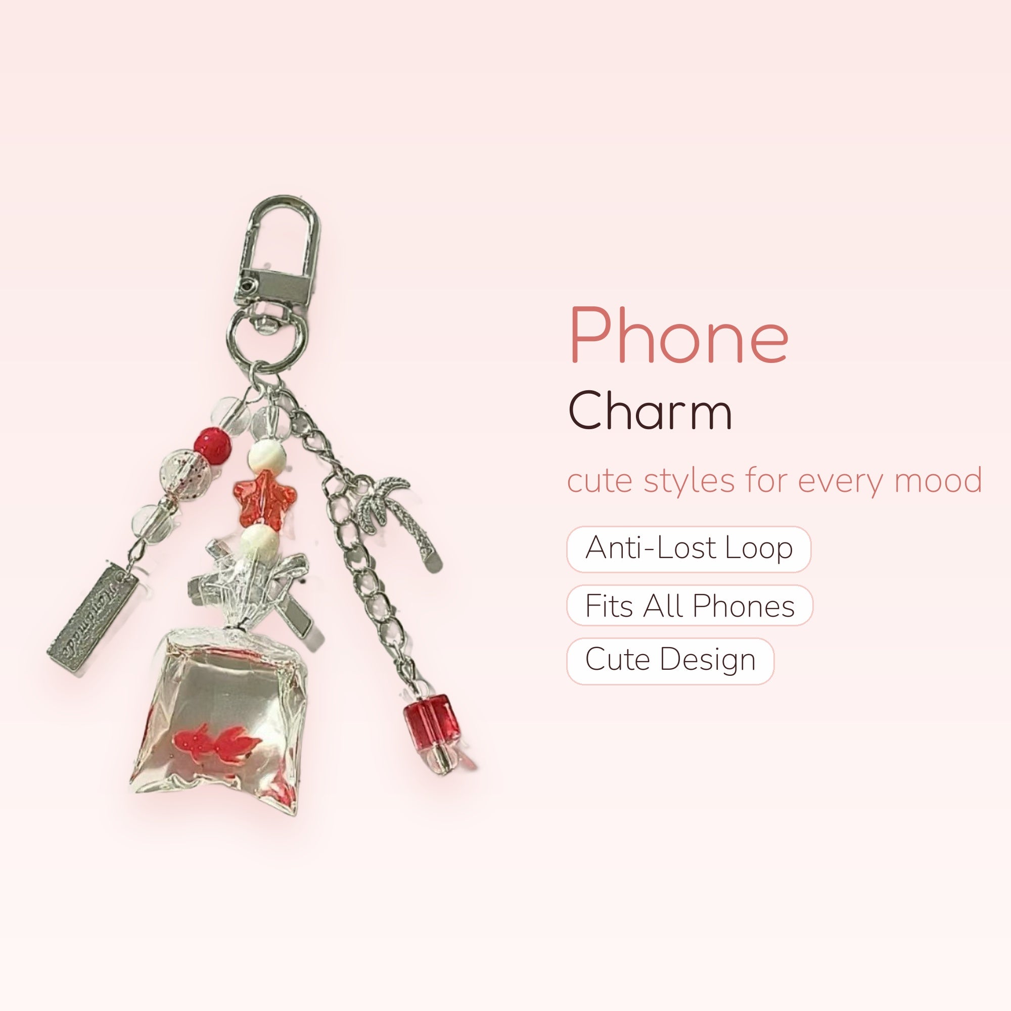 Kawaii Goldfish Bag Phone Charm | Red & Clear Beaded Keychain