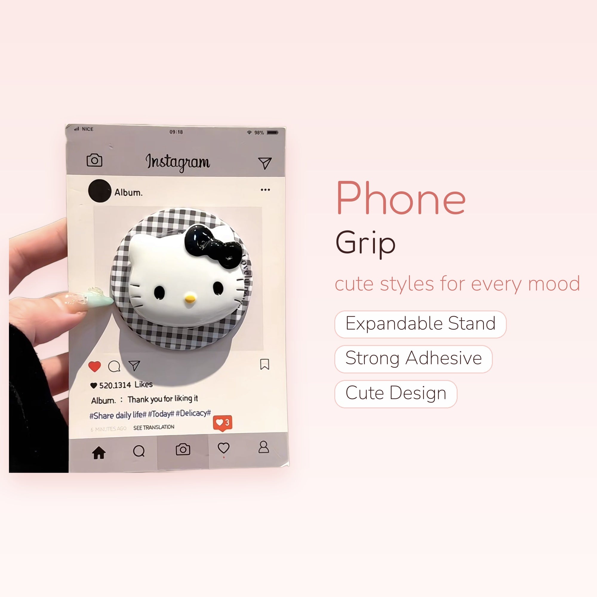 Hello Kitty Gingham Phone Grip | Kawaii Black & White Pop Socket Stand