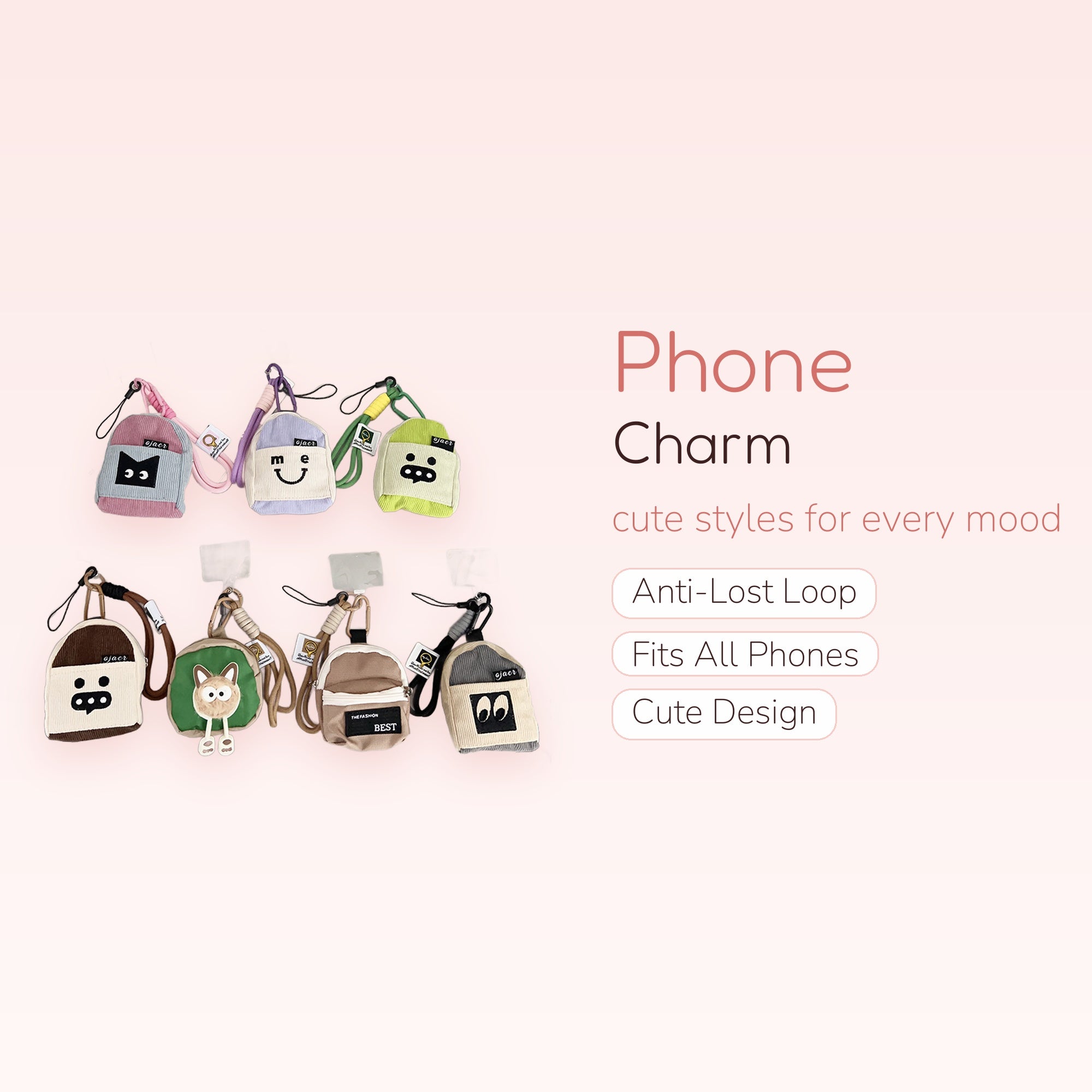 Kawaii Mini Backpack Phone Charm Straps | Corduroy Cartoon Face Wrist Lanyards
