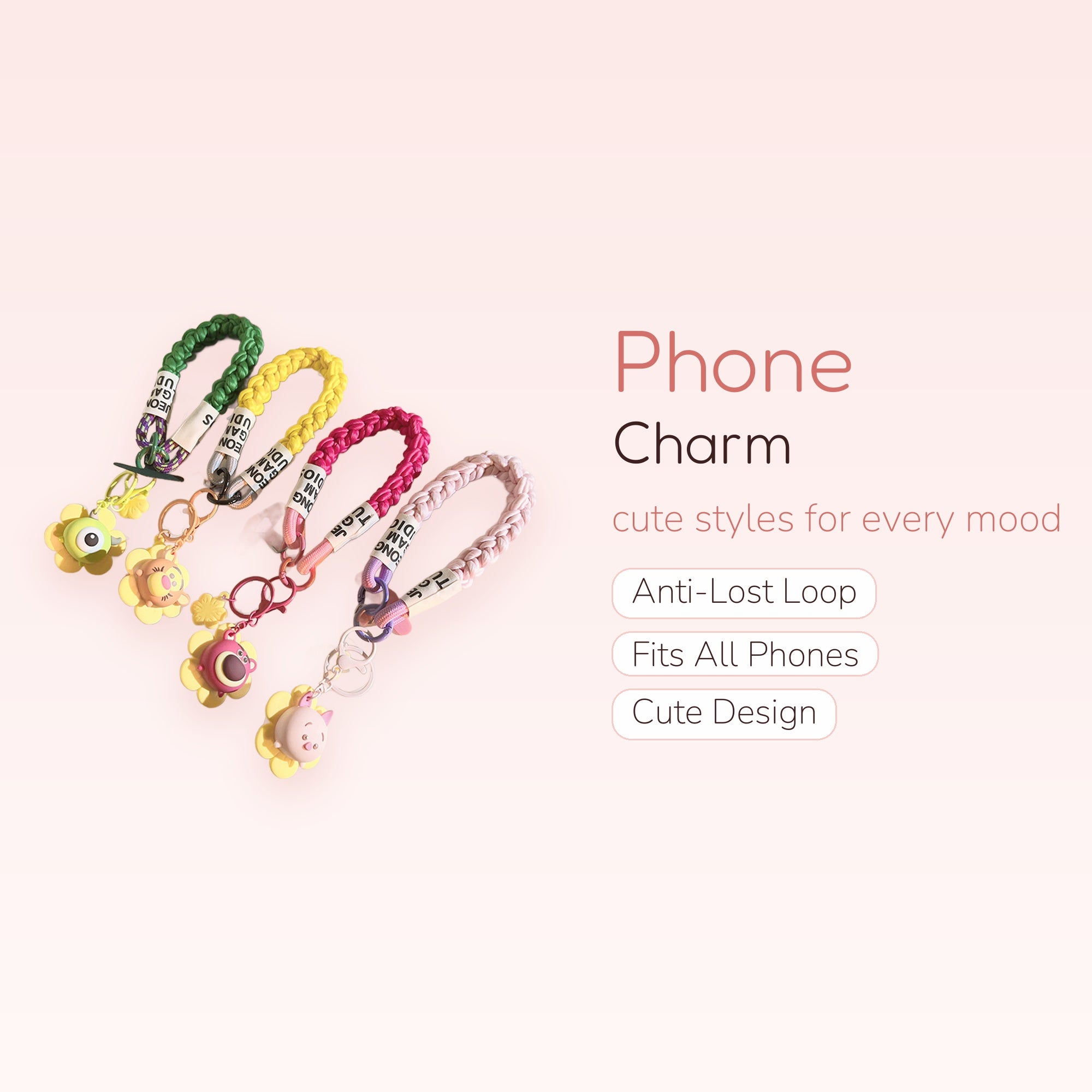 Cute Braided Rope Phone Charm Strap with Flower & Animal Pendants | Colorful Wrist Lanyard