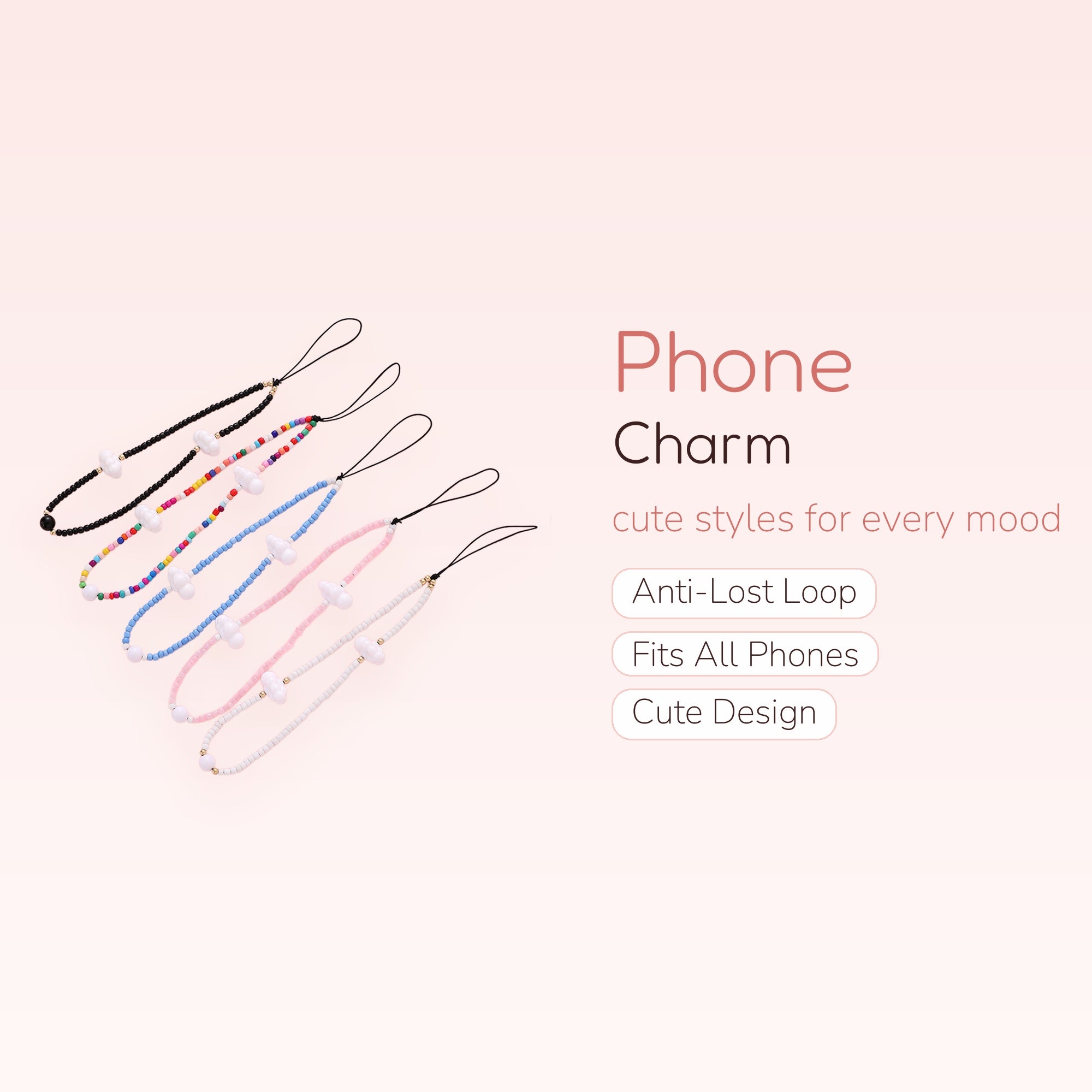 Aesthetic Cloud Beaded Phone Charm Strap | Cute Pastel Rainbow Wrist Lanyard