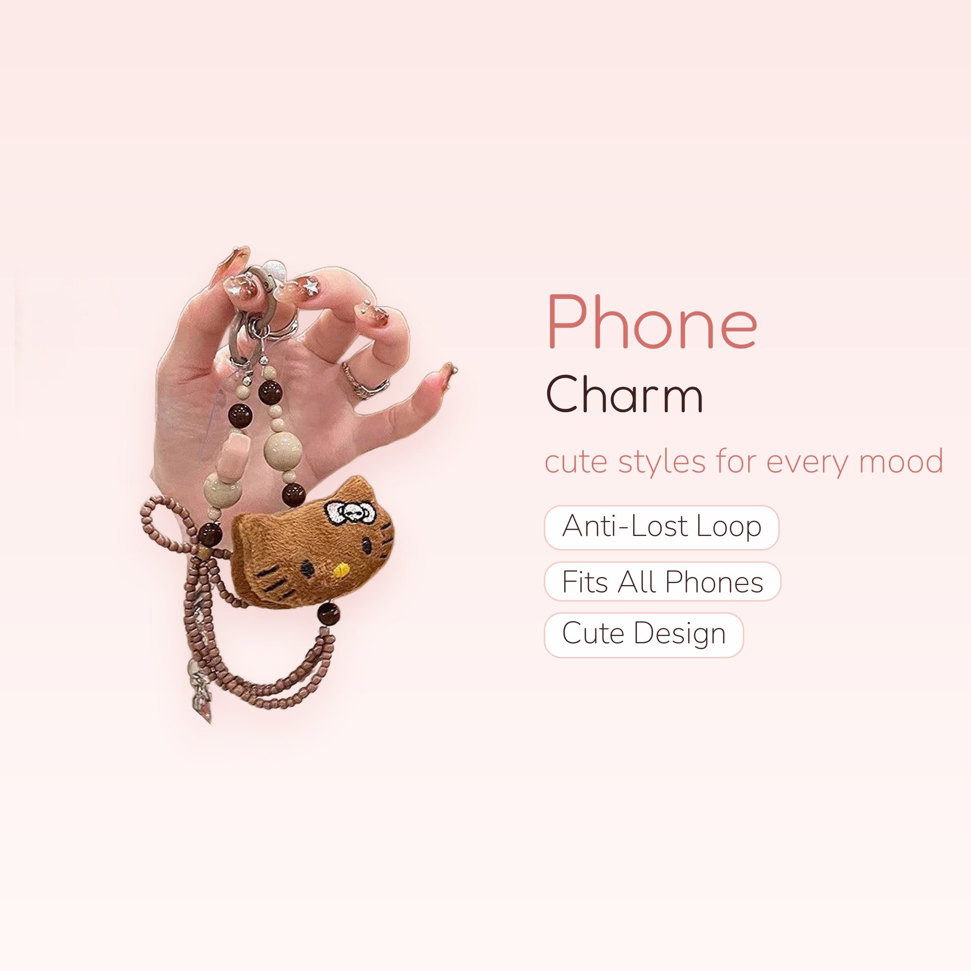Kawaii Brown Hello Kitty Phone Charm | Aesthetic Beaded Wrist Lanyard