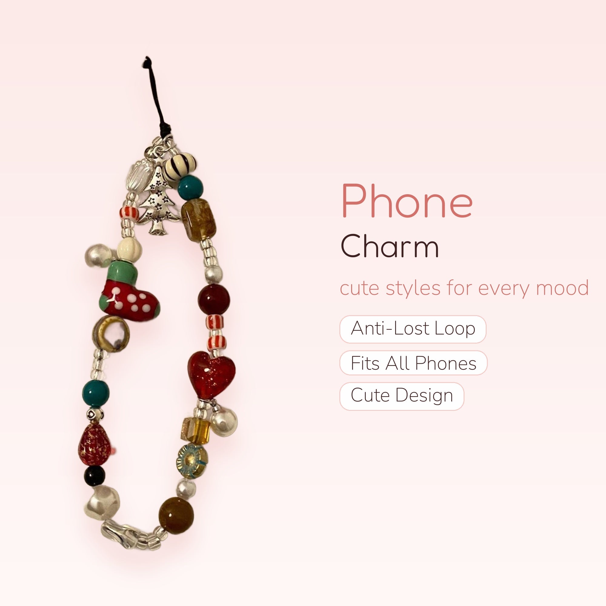 Kawaii Christmas Beaded Phone Charm | Festive Holiday Wrist Strap with Charms