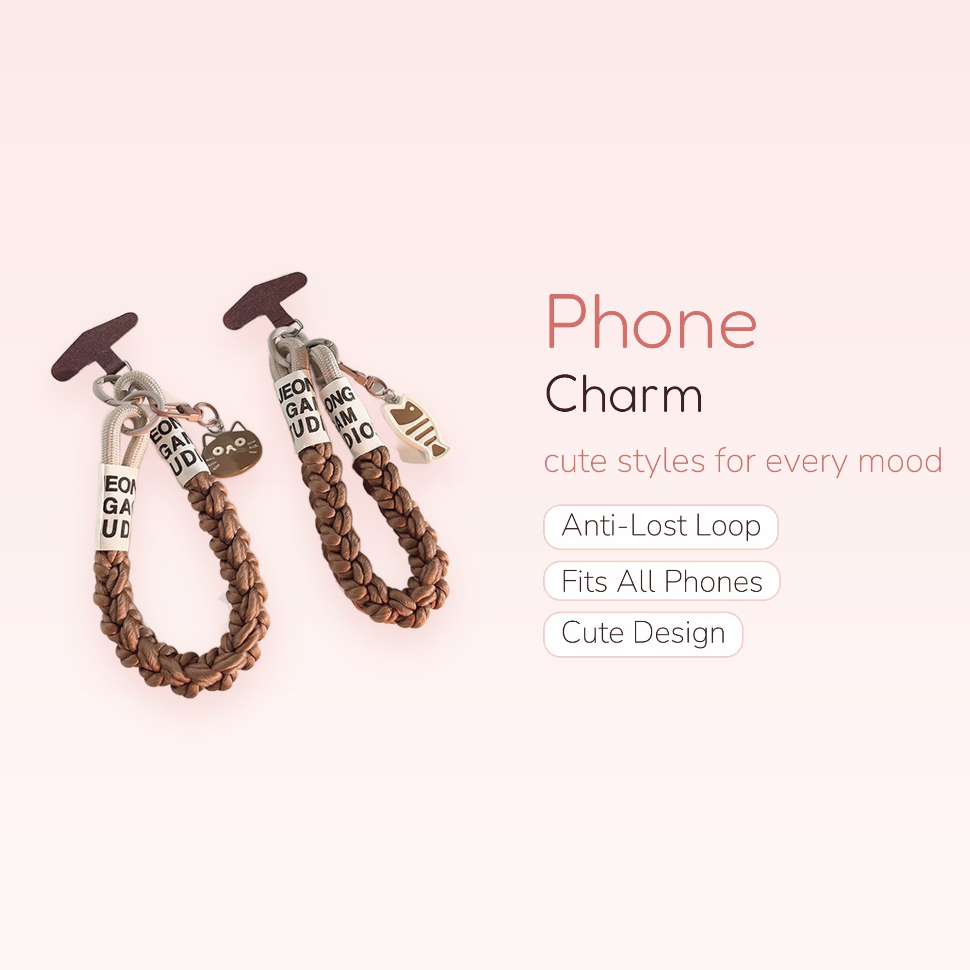 Braided Wrist Phone Charm Strap | Cute Cat & Fishbone Pendant Lanyard