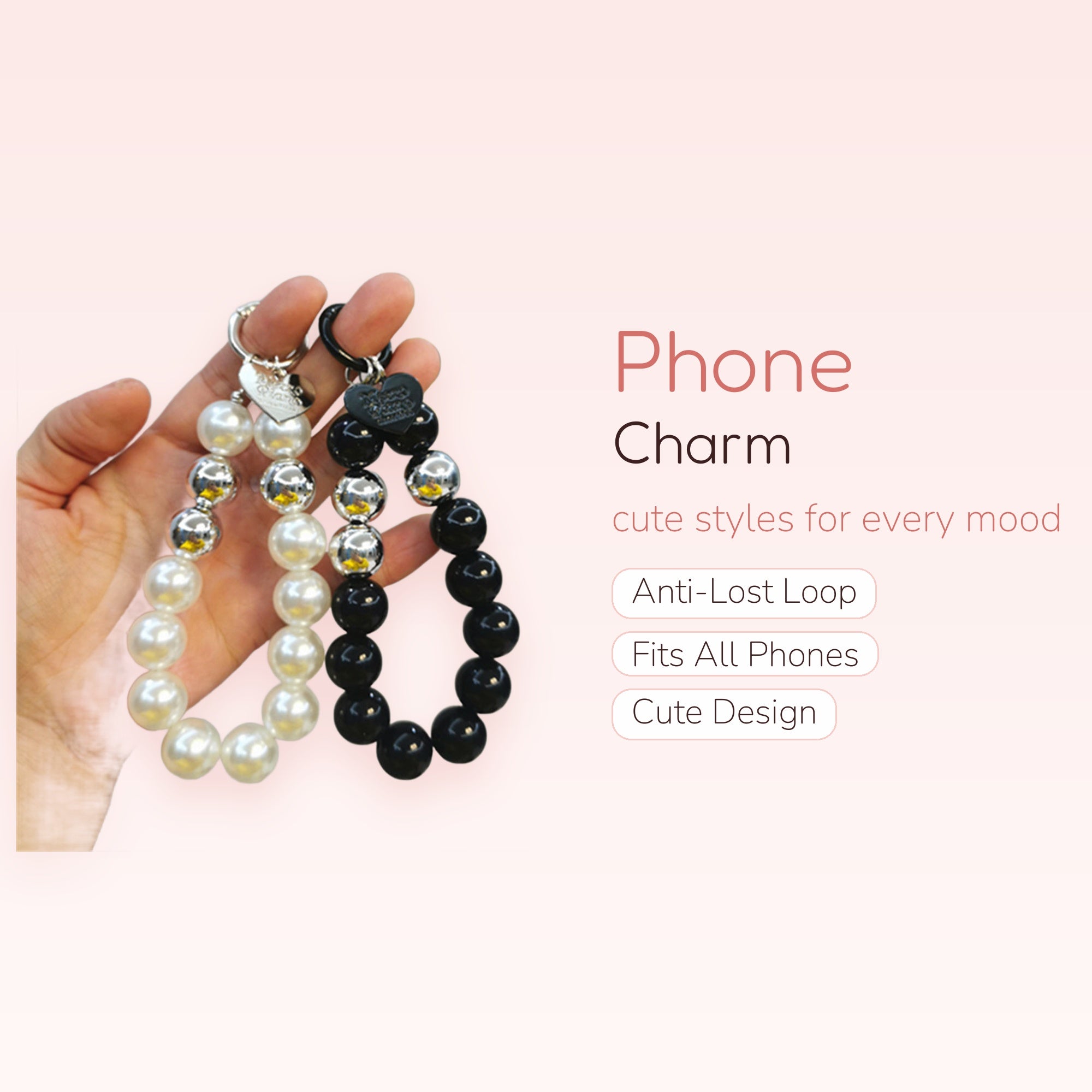 Pearl & Silver Bead Phone Charm Wrist Strap | Chic Black & White Beaded Lanyard