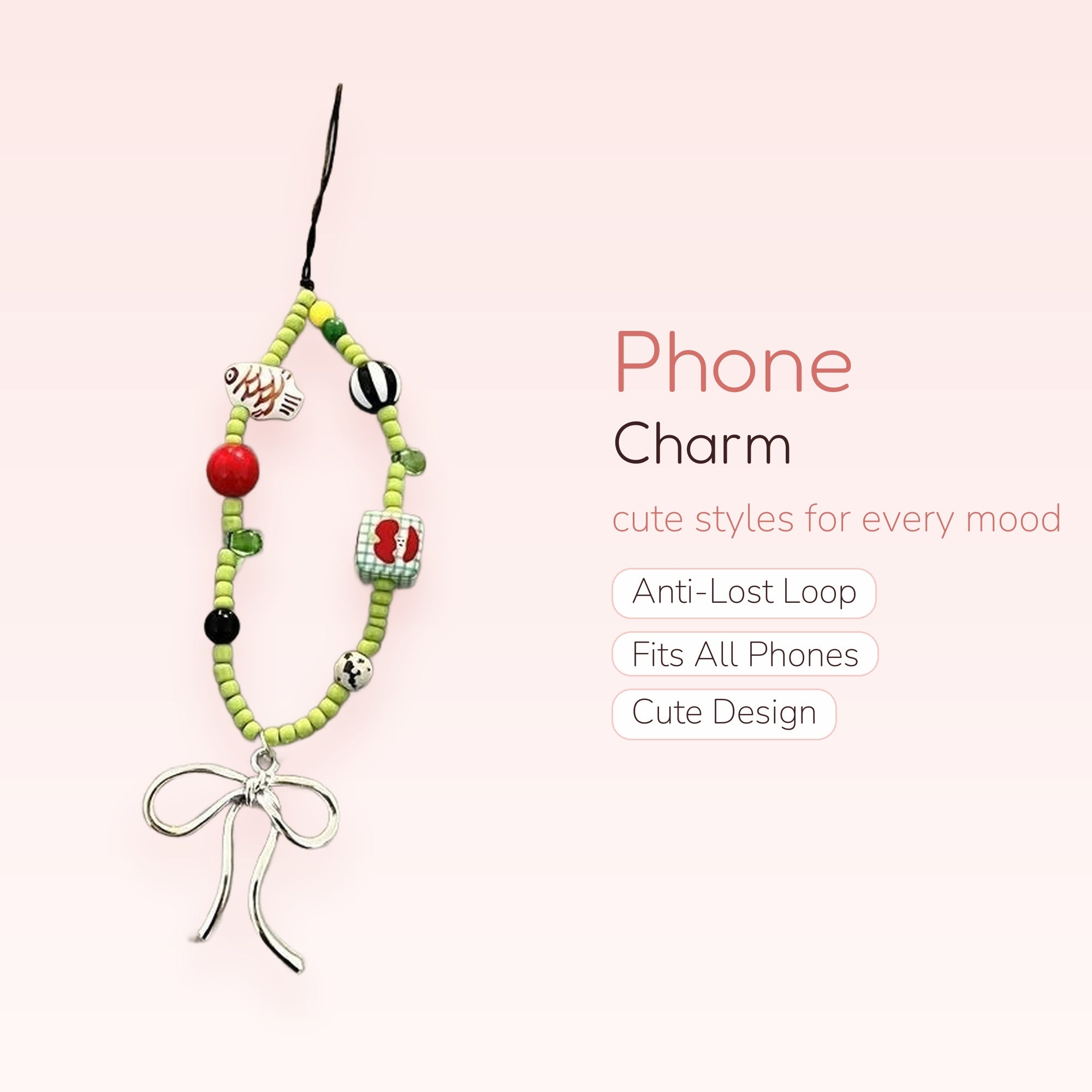 Y2K Green Beaded Phone Charm Strap with Bow & Fish Charms | Aesthetic Wrist Lanyard