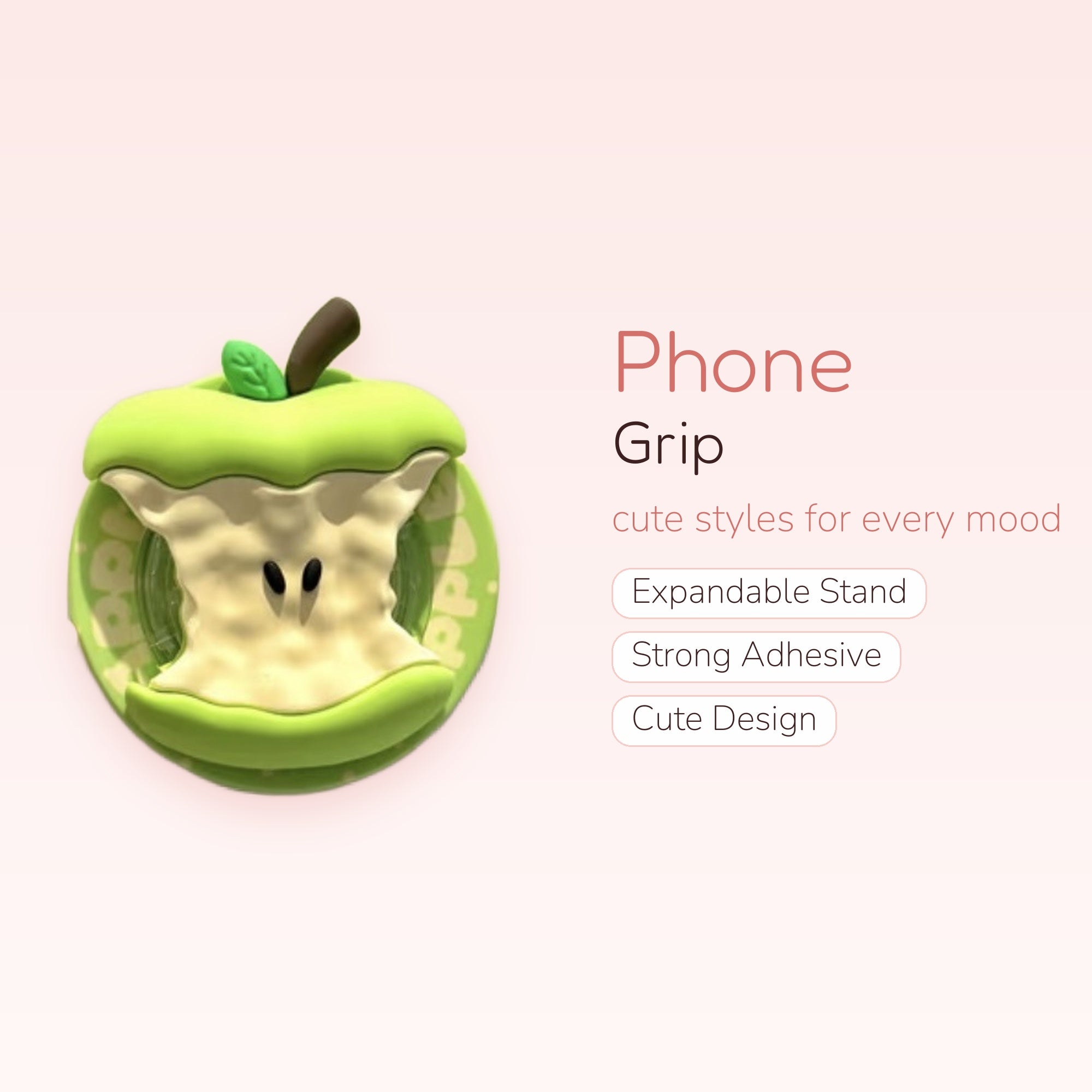 Kawaii Green Apple Core Phone Grip | Cute Bitten Fruit Pop Socket Stand