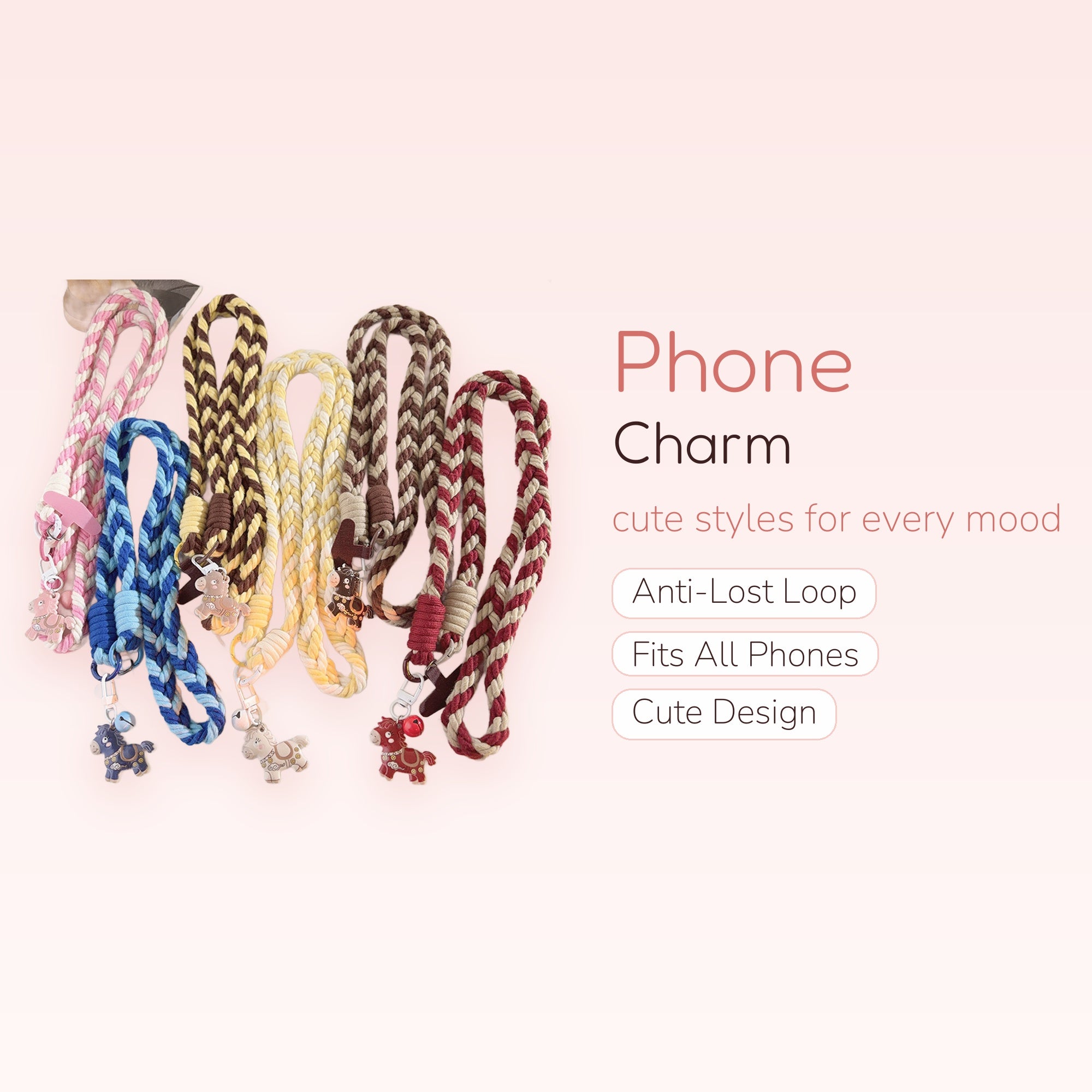 Braided Rope Horse Phone Charm Lanyard | Kawaii Wrist Strap with Bell
