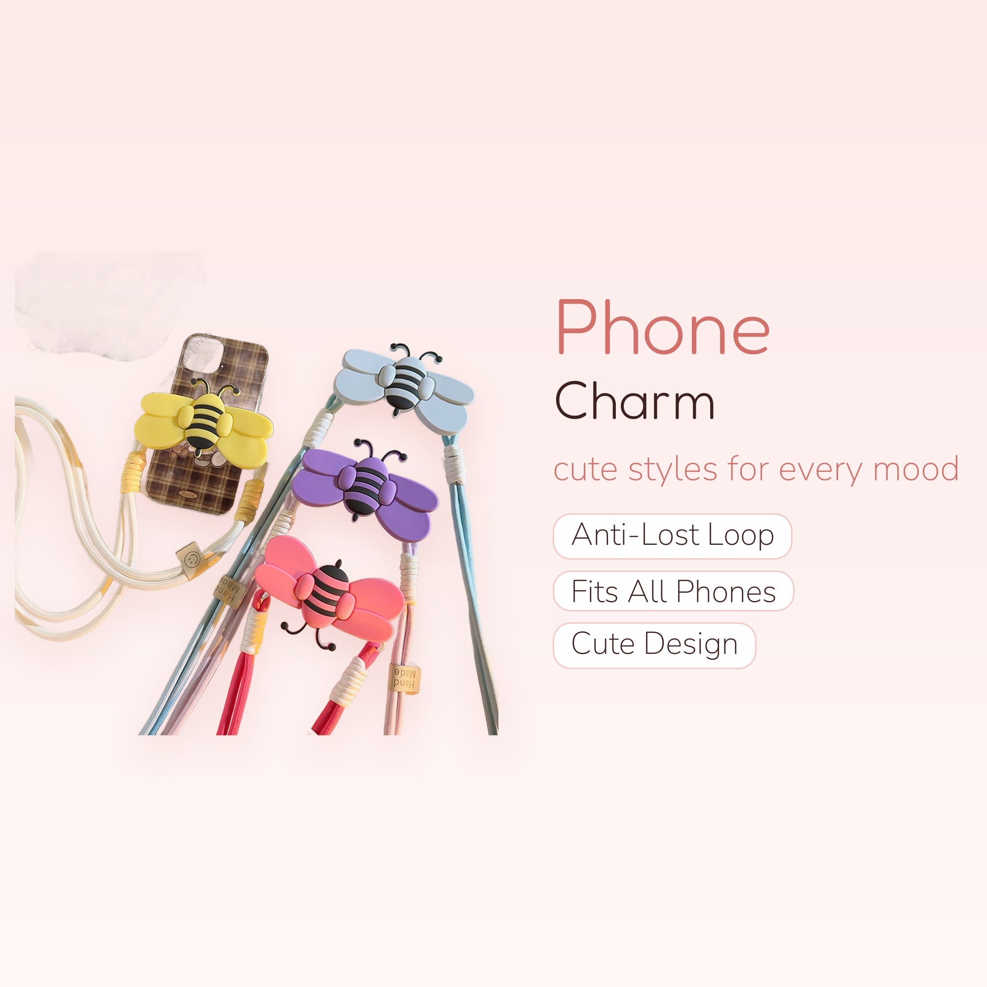 Cute Silicone Bee Phone Charm Lanyard | Pastel Color Phone Strap
