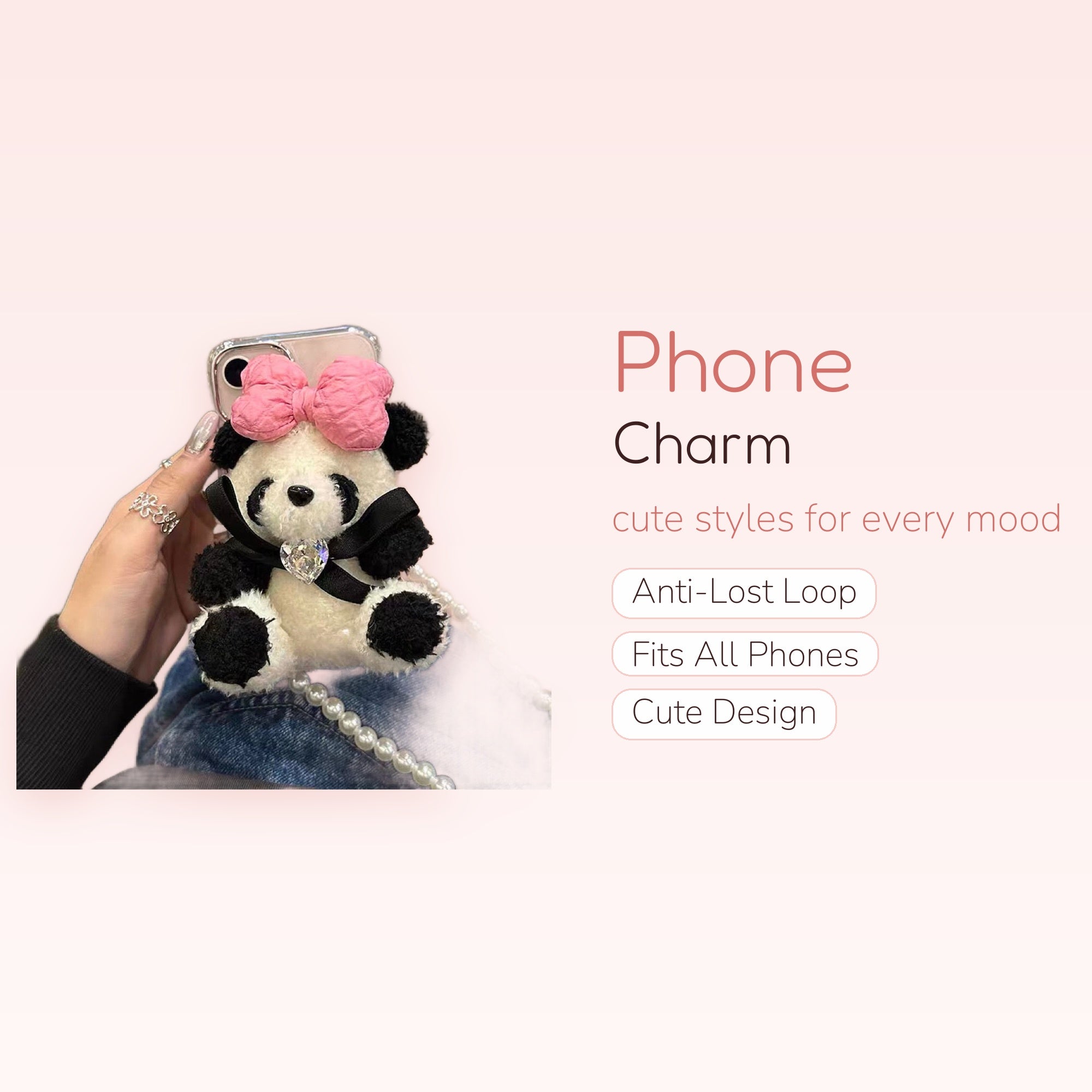 Kawaii Plush Panda Phone Charm | Cute Pink Bow Crystal Heart Wrist Strap