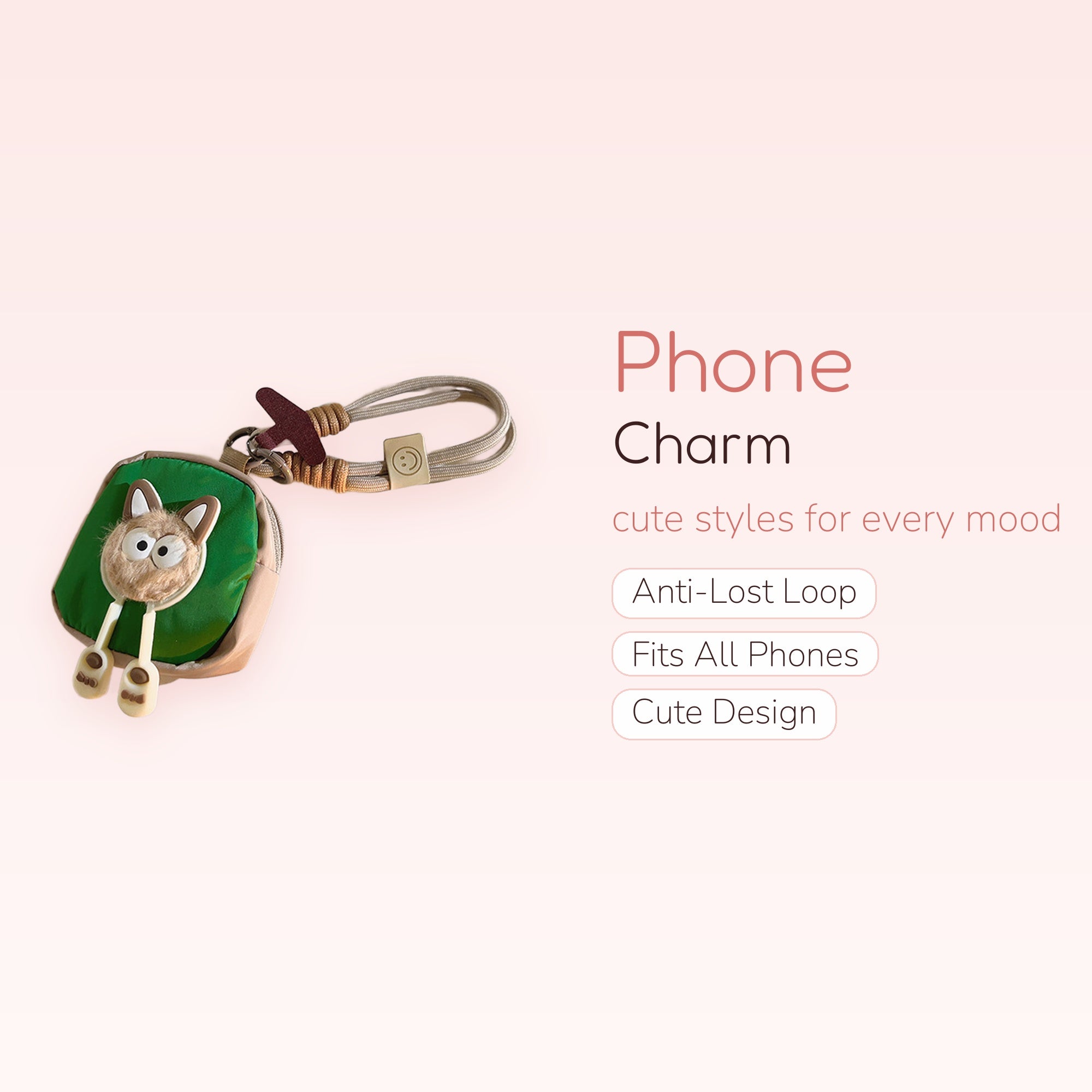 Kawaii Green & Beige Fox Pouch Phone Charm | Cute Wrist Strap Keychain